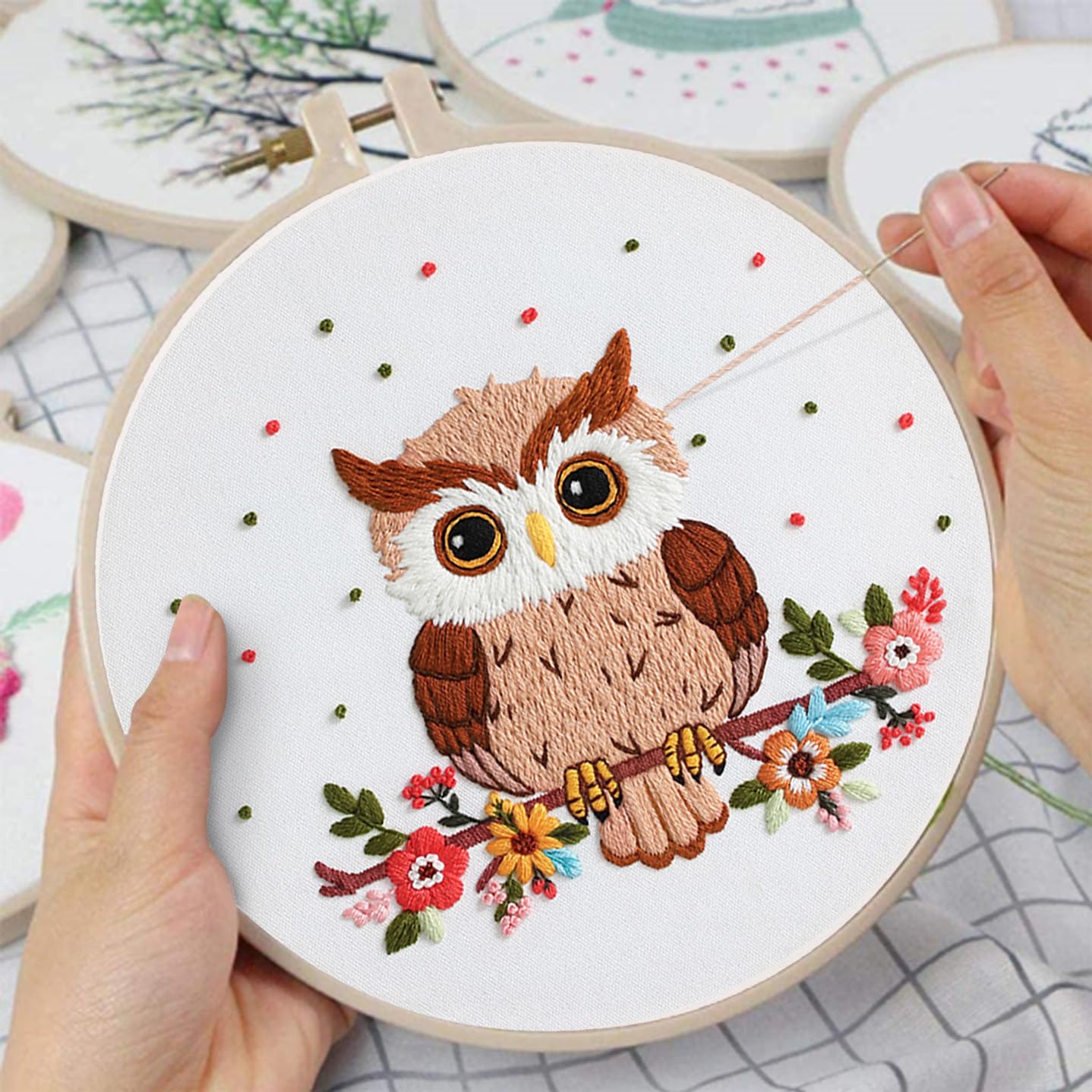 Louise Maelys Owl Embroidery Kits for Beginners with Floral Pattern,Adults Starter Cross Stitch Kit DIY Needlepoint