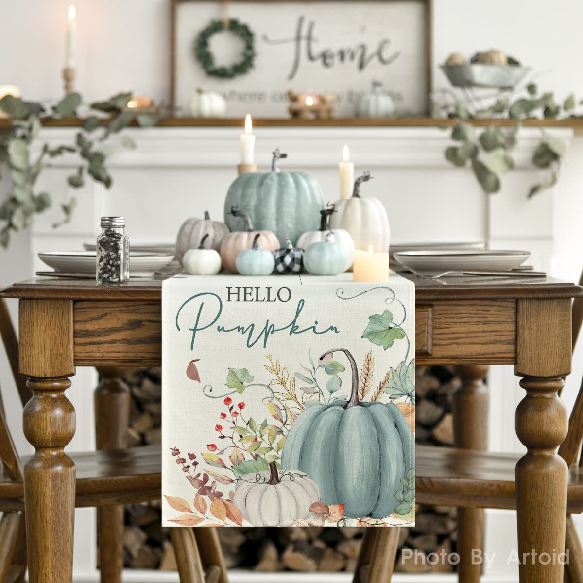 Aqua Hello Pumpkin Leaves Fall Table Runner, Seasonal Autumn Kitchen Dining Table Decoration for Home Party Decor 13x72 Inch
