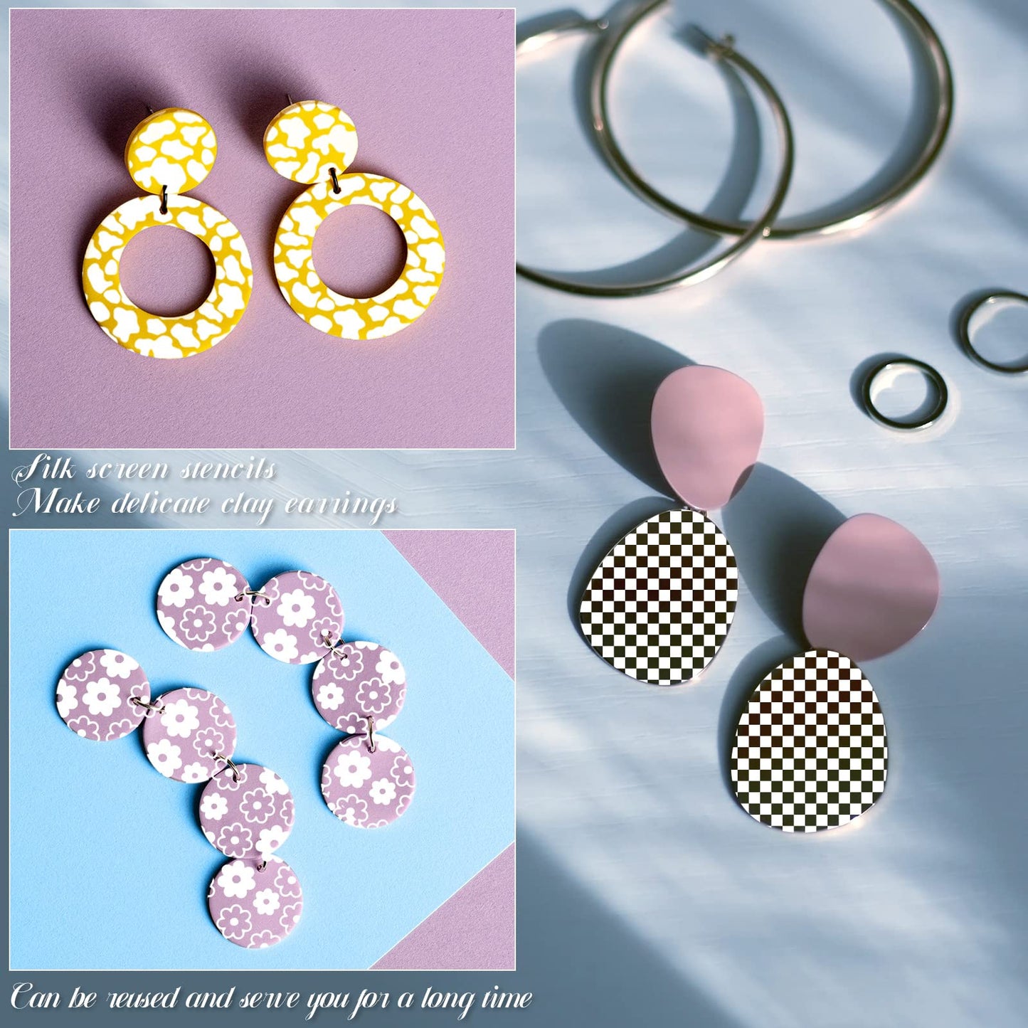 9 Pcs Silk Screen Stencil for Polymer Clay Texture Sheet Cutter Tool Reusable Silkscreen Print Kit with Scraper Self Adhesive Silk Screen Printing for Jewelry Earring Making DIY Craft Supply (Flower)