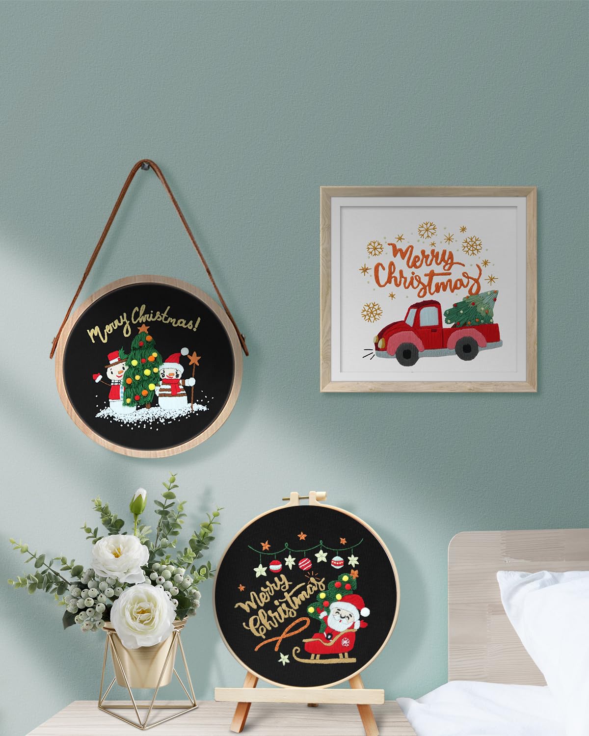 Christmas Embroidery Kit for Adult Beginners, 3 Sets Embroidery Stitch Practice kit Include Embroidery Cloth Hoops Threads for Craft Lover Hand Stitch