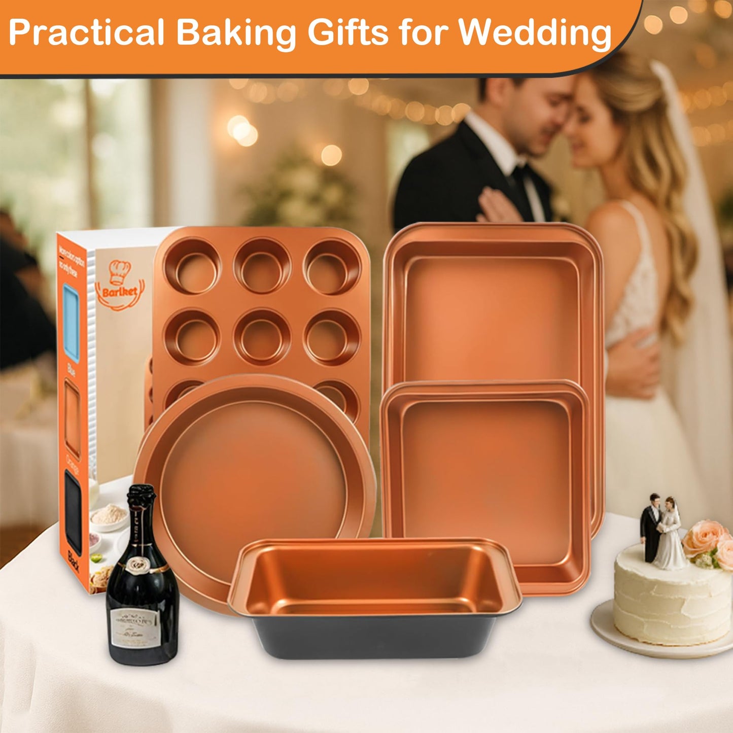 Barlket Baking Pans Set 6-Pieces, Non Stick Bakeware Set Stackable, with Cookie Sheet, Muffin, Round/Square Cake Pan, Loaf Pan, Rack, Oven Mitt for Home Baker, Gold