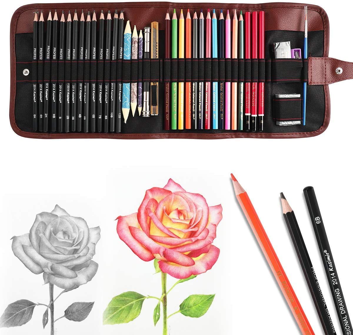 QQQ Sketching Pencil Set Art Pencils Drawing Kit,39 pcs Drawing Set With Sketch Pencils, Watercolor Pencils inside Canvas Rolling Pouch For Beginners, Adults & Professionals