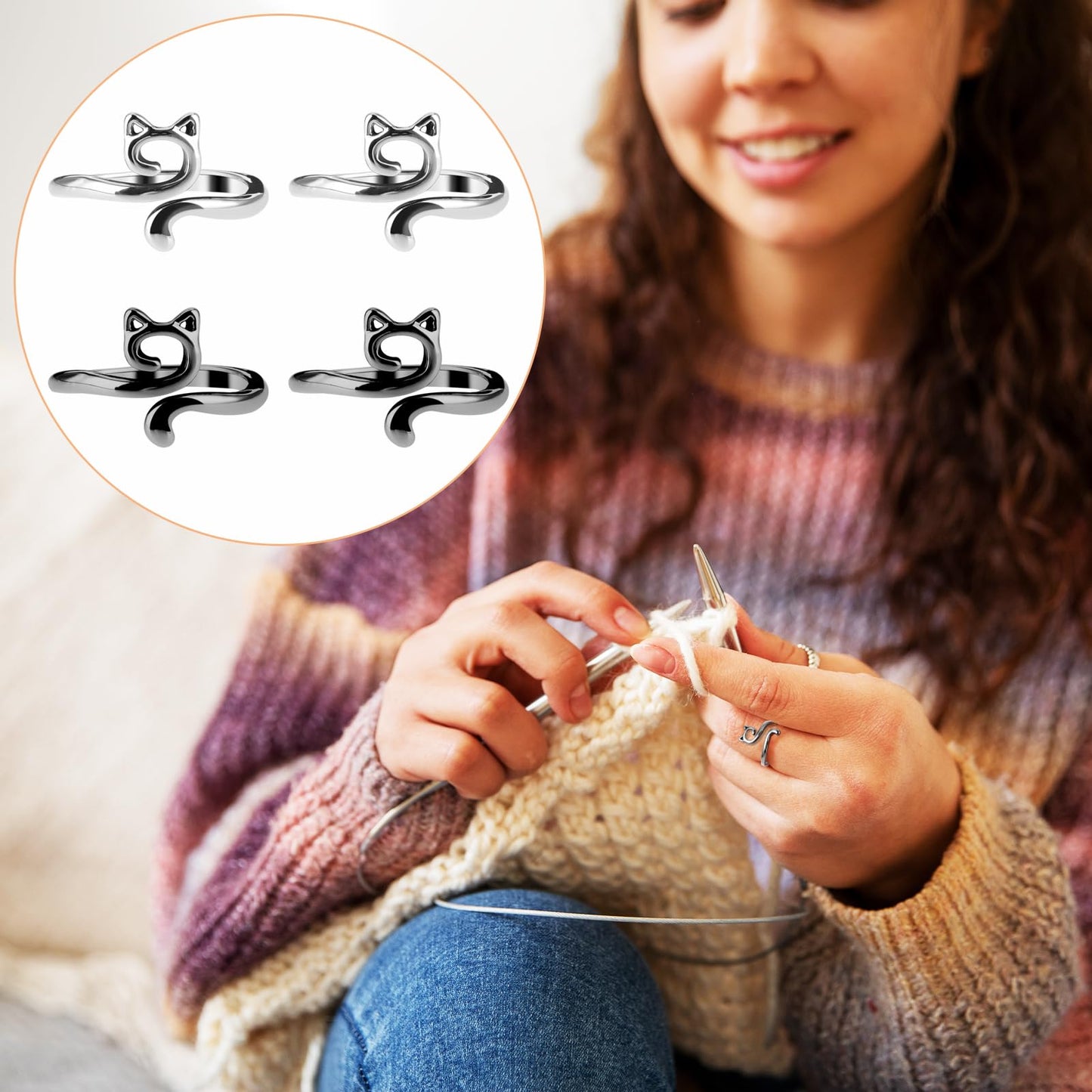 4pcs Knitting Crochet Loop Ring for Fingers Metal Open Yarn Guide Crochet Rings Adjustable Braided Faster Knitting Thimbles Holders Accessories for Crochet Mother Grandma Gifts (Cat Style)
