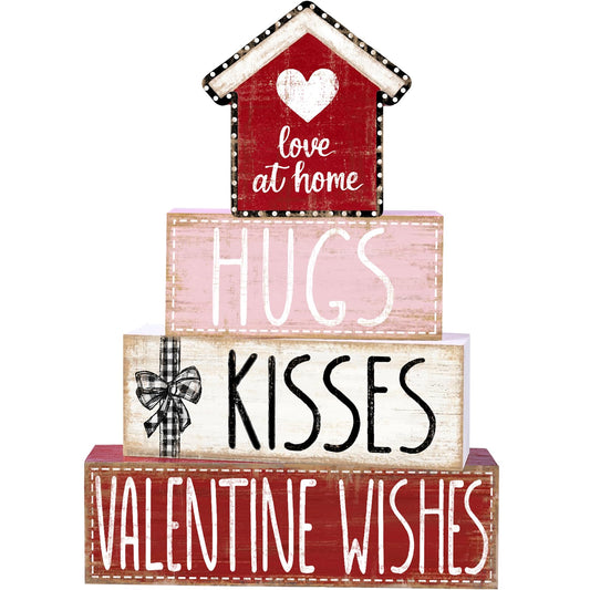 4Pcs Valentine's Day Table Decoration Valentine House Wooden Block Signs Rustic Valentine Tiered Tray Decor Valentines Day Centerpiece Sign for Farmhouse Holiday Tabletop Home Party Decor