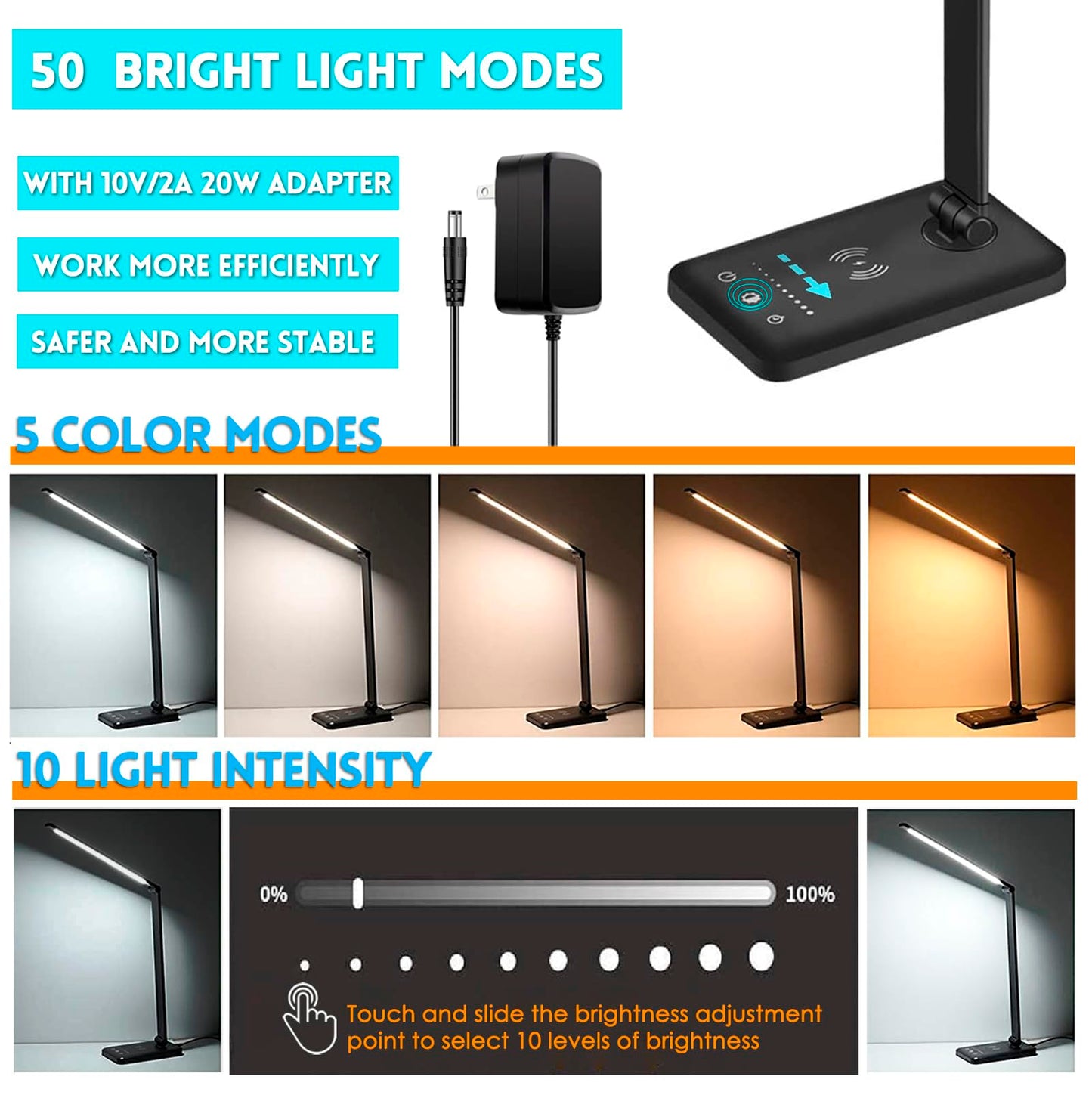 JOSTIC LED Desk Lamp with Wireless Charger, USB Charging Port, 10 Brightness, 5 Color Modes, Desk Lamps for Home Office, Dimmable Table Lamp Eye Caring Reading Light, Touch Control, Auto Timer, Black