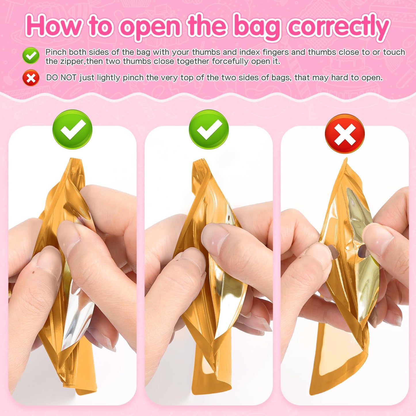 FUNFERY 100 Pack Mylar Resealable Bags Foil Packaging Bags with Clear Window,Zipper Pouch Smell Proof Bag for Food Storage,Cookies,Sample,Small Business(Gold,3x4.7inch)