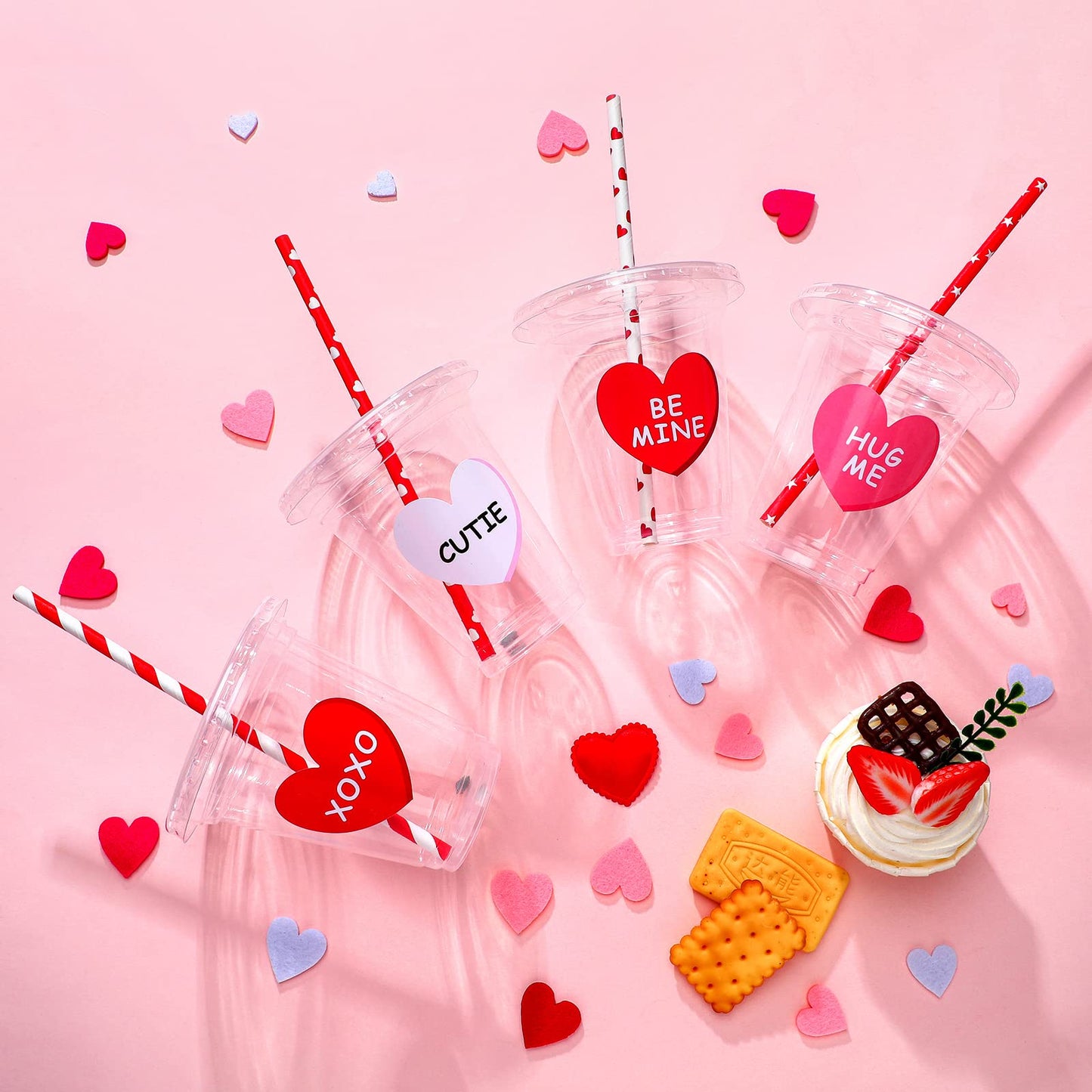 20 Sets Valentine's Day Disposable Cups with Lid and Straws,12 oz Clear Plastic Valentines Cups with Stickers for Iced Coffee Juice Valentine's Day Party Supplies (Classic)