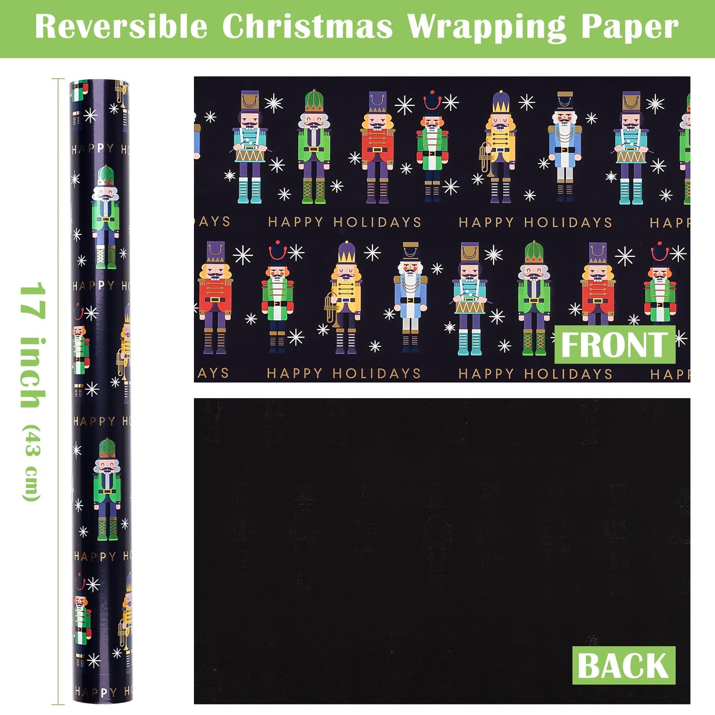 Reversible Nutcracker Christmas Wrapping Paper - Mini Roll - 17 Inch x 33 Feet - Foil Black Nutcracker Wrapping Paper for Christmas Holiday, Party Celebration