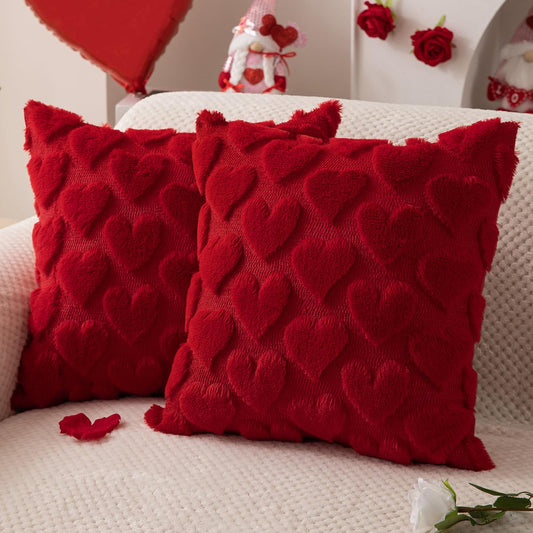 Valentines Pillow Covers 18x18 inch Set of 2 Valentines Day Decoration Red Heart Soft Plush Faux Fur Jacquard Throw Pillows for Bedroom Sofa Holiday Festivals Home Decor PTK017A18