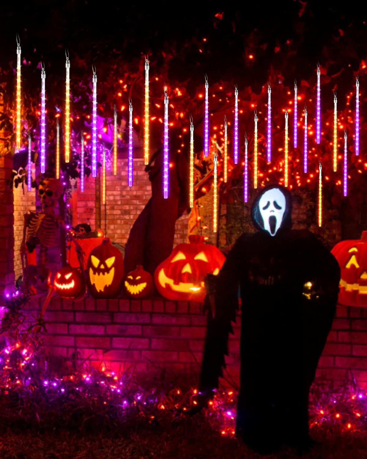 Halloween Lights Outdoor 10 Tubes 240 LED Raindrop Lights Meteor Shower Icicle Lights with Timer Function Cascading Lights Falling Rain Lights for Halloween Orange Purple
