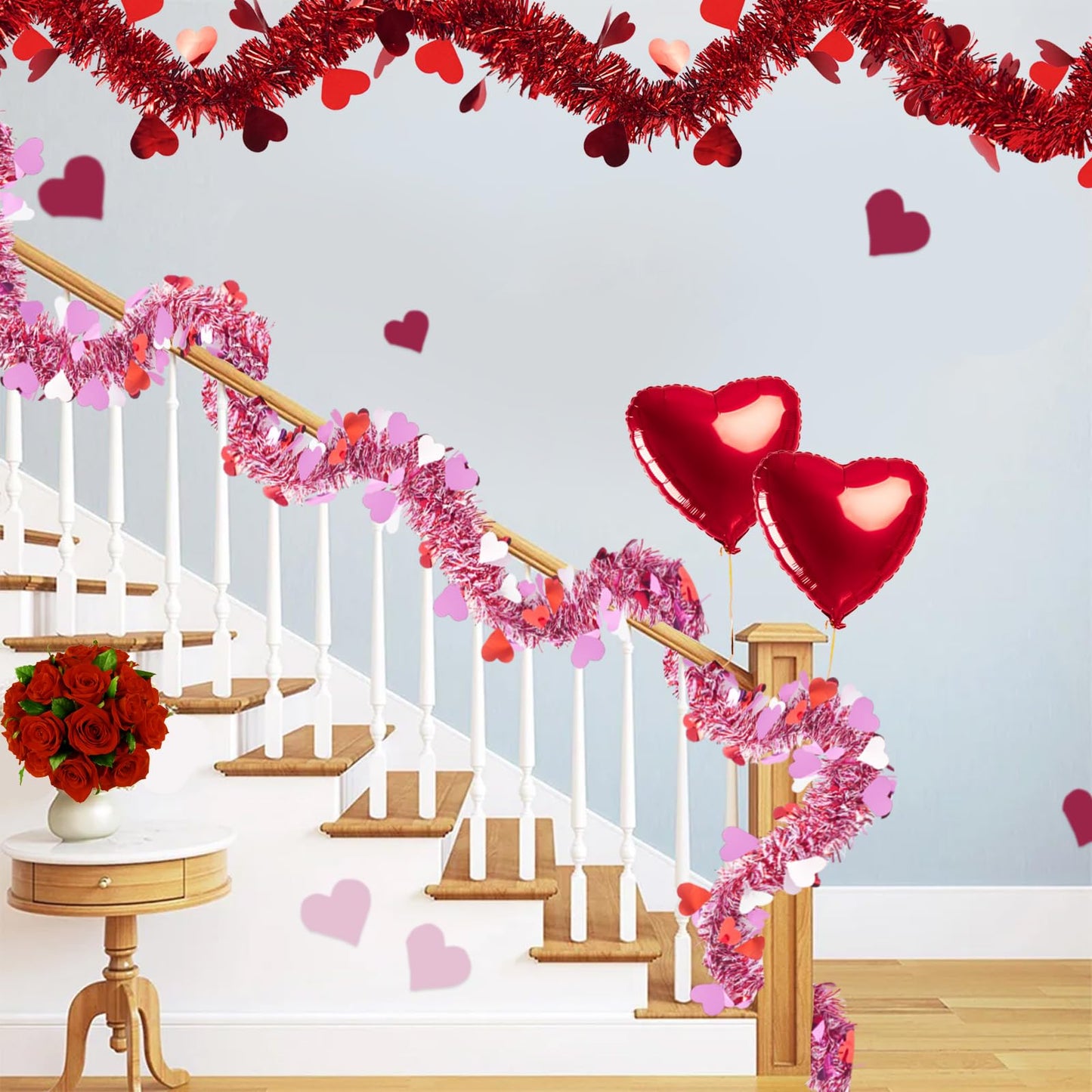 66 Feet Valentine Tinsel Garland Decoration 2 Pack Hanging Metallic Red Pink Heart Garland for Mantle Wedding Festival Valentine's Day Indoor Outdoor Decor