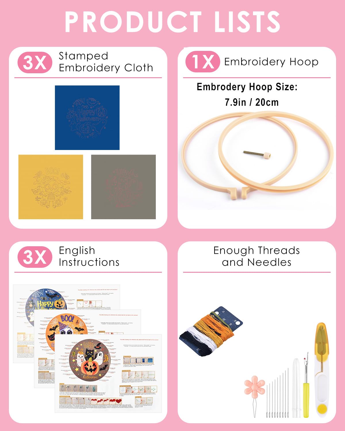 TINDTOP Halloween Embroidery Kit for Adult, 3 Pack Embroidery DIY Starter Kit, with Stamped Patterns, Hoop, Tools, Colorful Threads with Needles, Instructions