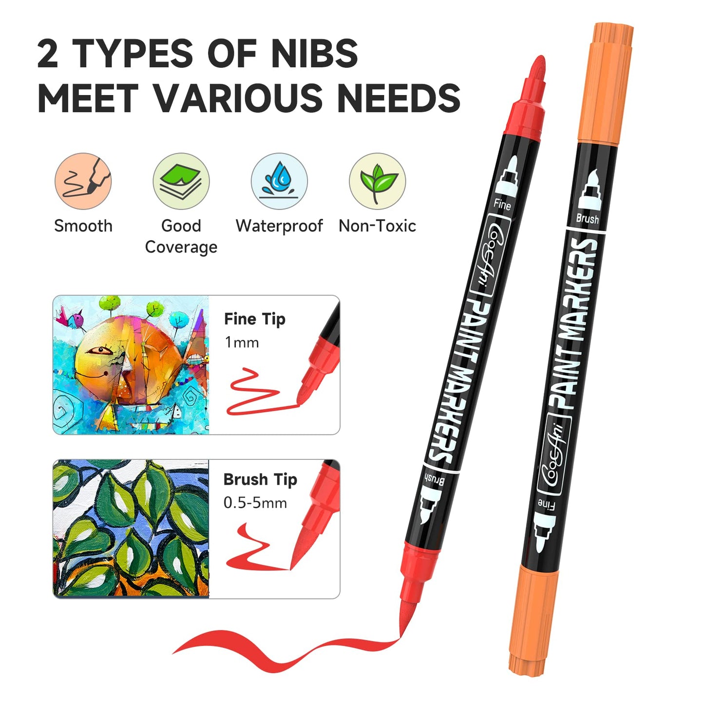 32 Colors Paint Markers, Dual Tip Acrylic Paint Pens for Wood, Canvas, Glass, Ceramic, Fabric,Rock Painting, DIY Crafts Making Art Supplies (Fine Tip and Brush Tip)