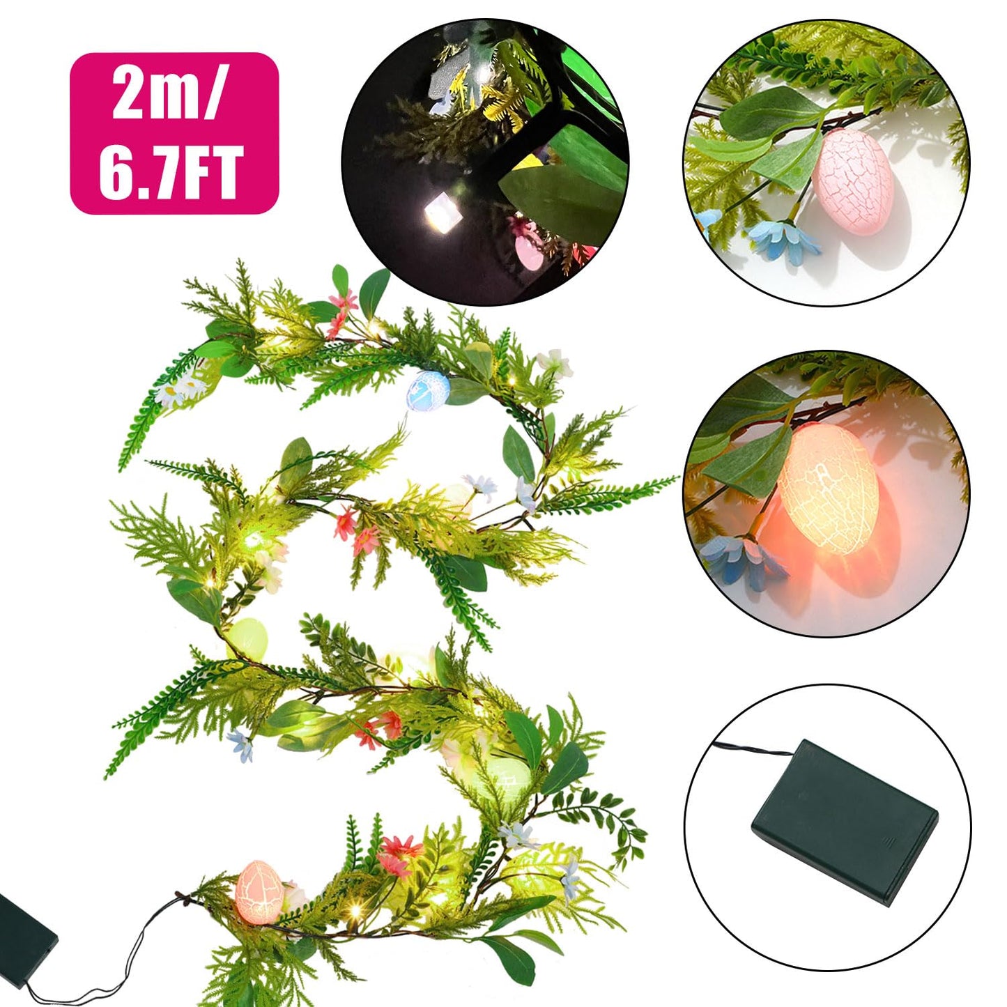 6.7FT Easter Lighted Garland,Artificial Spring Vine Branche with Easter Egg Berries Flower for Mantle Fireplace Home Table Party Decoration