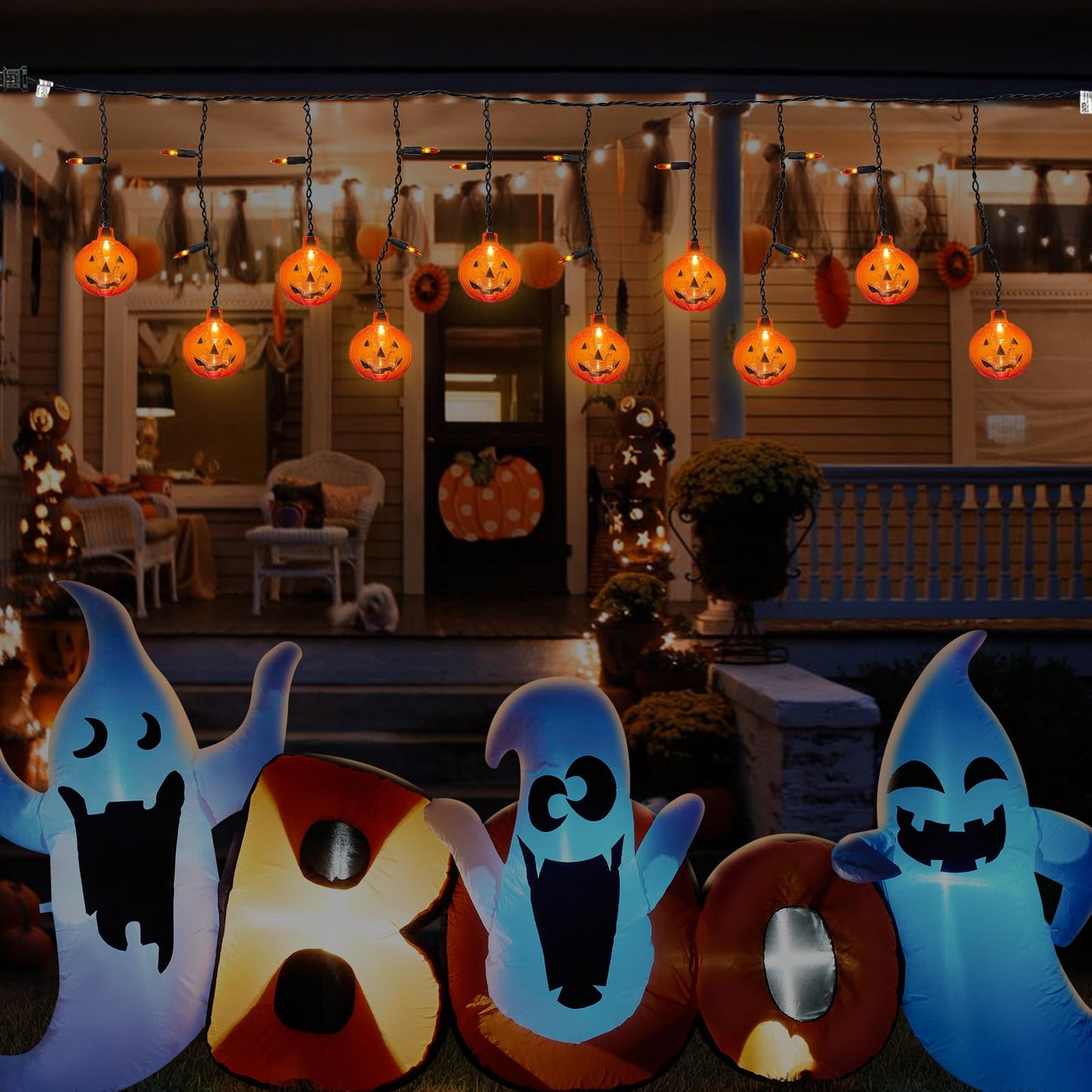 Romasaty Halloween 7FT Pumpkin Curtain Lights with 10 Waterproof Pumpkin String Lights, 25 LED Halloween Themed Lights for Windows, Porches, Stairs, Bars, Outdoor, Indoor Party Decorations
