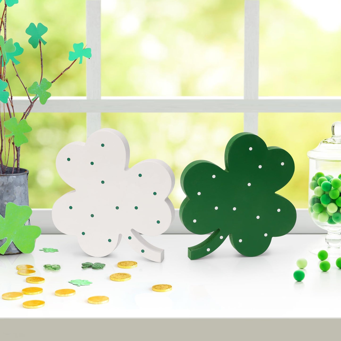 AKEROCK St Patricks Day Decor, Wooden Shamrock Decor for Table, Tiered Tray, Office Desk, Mantle Saint Patricks Day Decorations for the Home, 4 PCS Shamrock Decorations