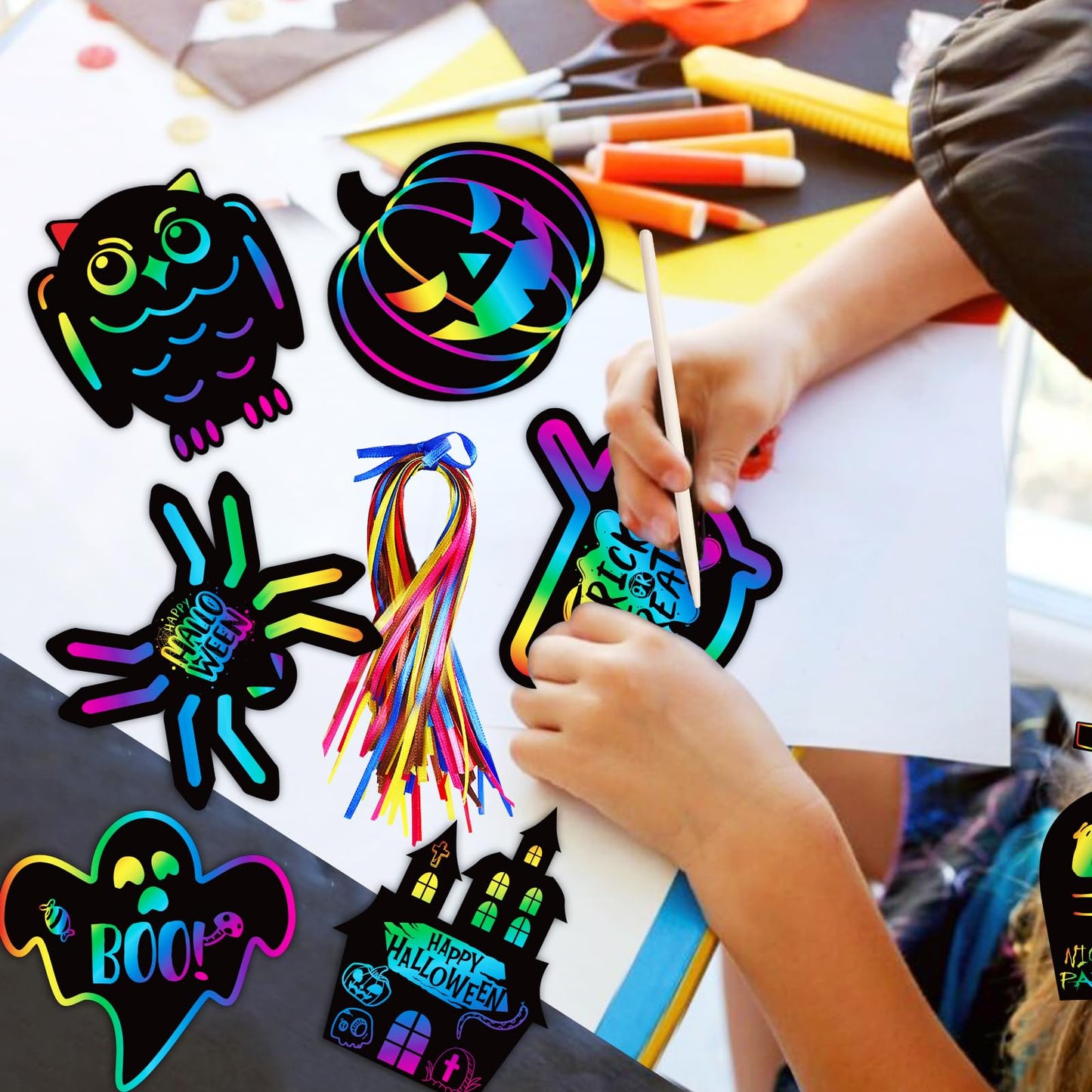 MGparty Scratch Paper Craft for Kids - 48 Pcs Magic Rainbow Scratch Paper Off Cards Set for Halloween Crafts, Arts Supplies, Ornaments, Party Games and Birthday Gifts