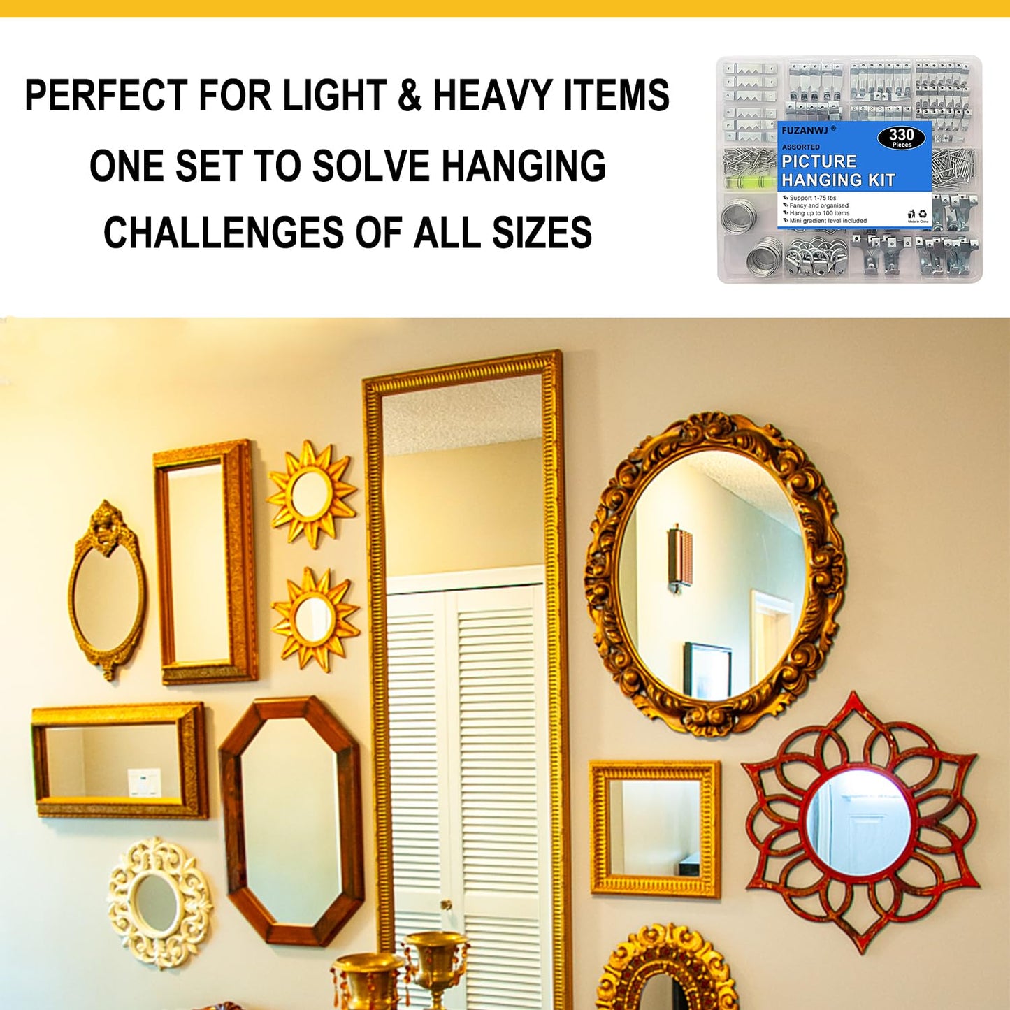 330pc Picture Hanging Kit - Wall Hangers, Nails, Wire, Screw Eyes, D Rings & Tool for Frame & Canvas Mounting