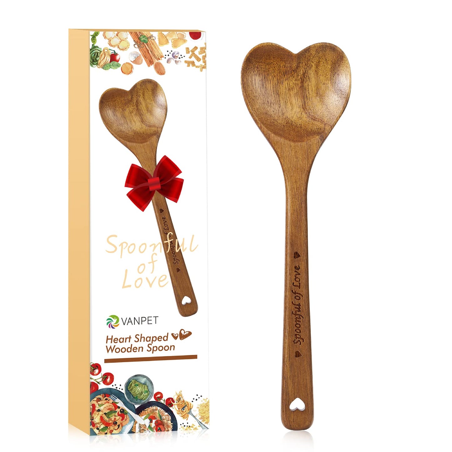 Wooden Heart Spoons - Heart Shaped Wooden Spoon Kitchenware for Cooking with Love, Unique Mother's Day Gifts for Cooks Hostesses Mom Grandma Wife Weddings House Warming Kitchen Accessories (1 PC)