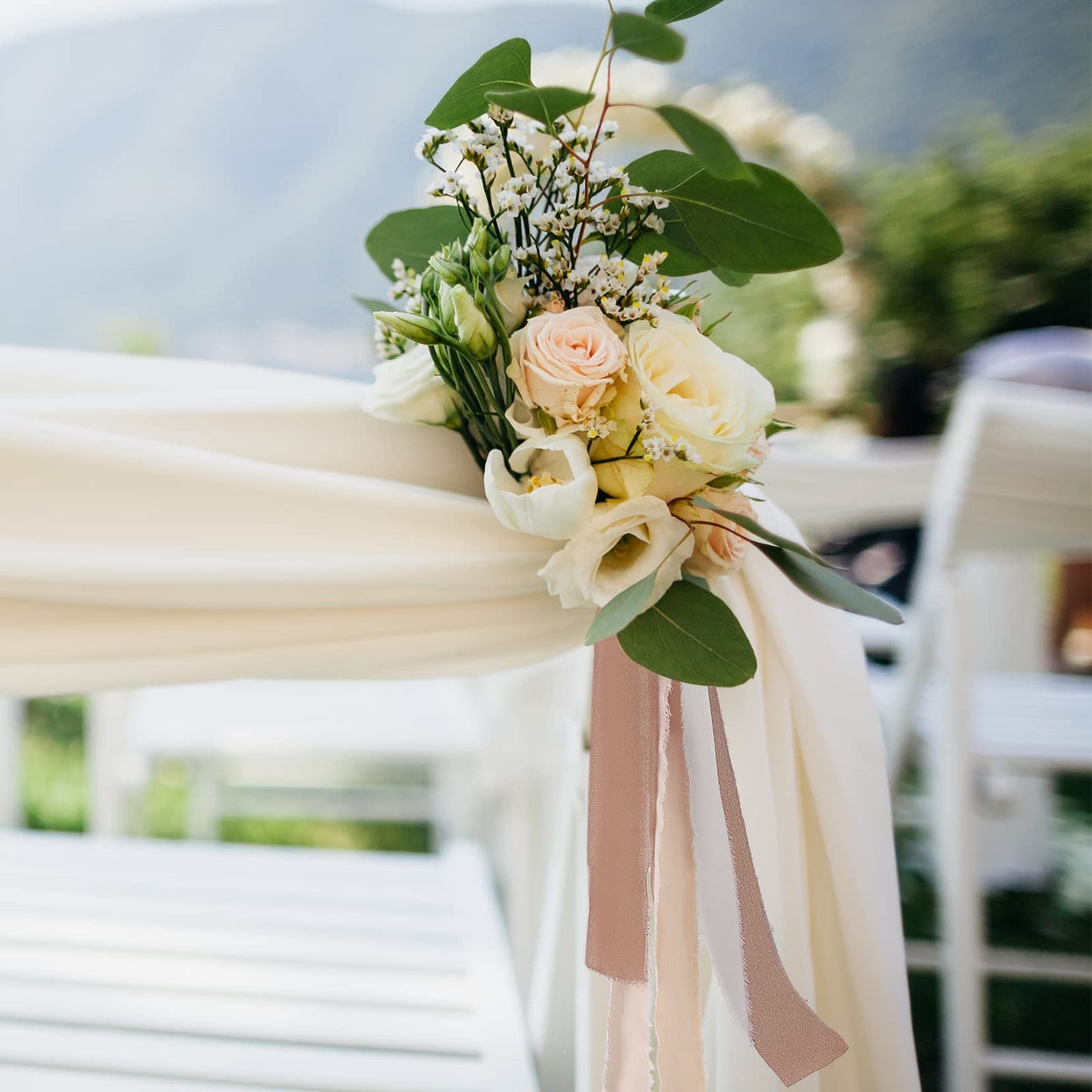 Pieaary Handmade Fringe Chiffon Silk Ribbon 4 Rolls/1" x 5Yd Per Roll,Nude & Cream Frayed Edges Ribbons Set (1"x20Yd, Nude&Cream)