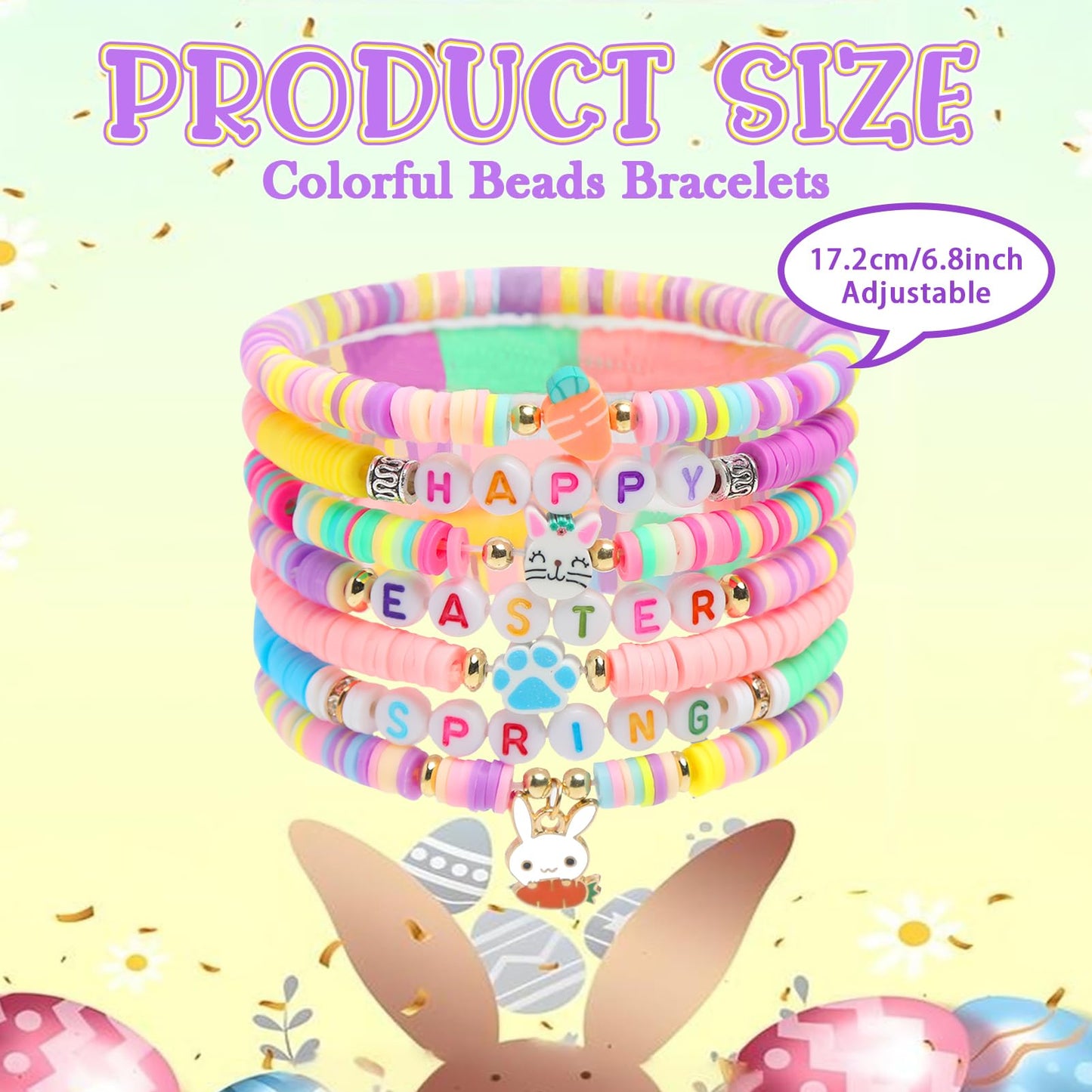 7pcs Easter Heishi Bracelets Polymer Clay Elastic Bracelet Man Woman Party Easter Bunny Egg Bracelets (Easter Happy Bracelet)