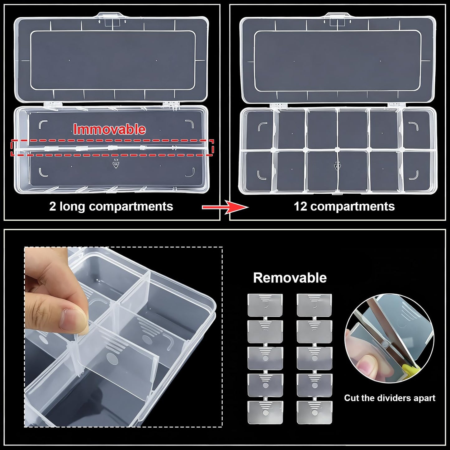 DUOFIRE Clear Plastic Bead Organizer Container Storage Box Adjustable Dividers Removable Grid Compartment for Jewelry Beads Earring Container Tool Fishing Hook Small Accessories(12 Grids)