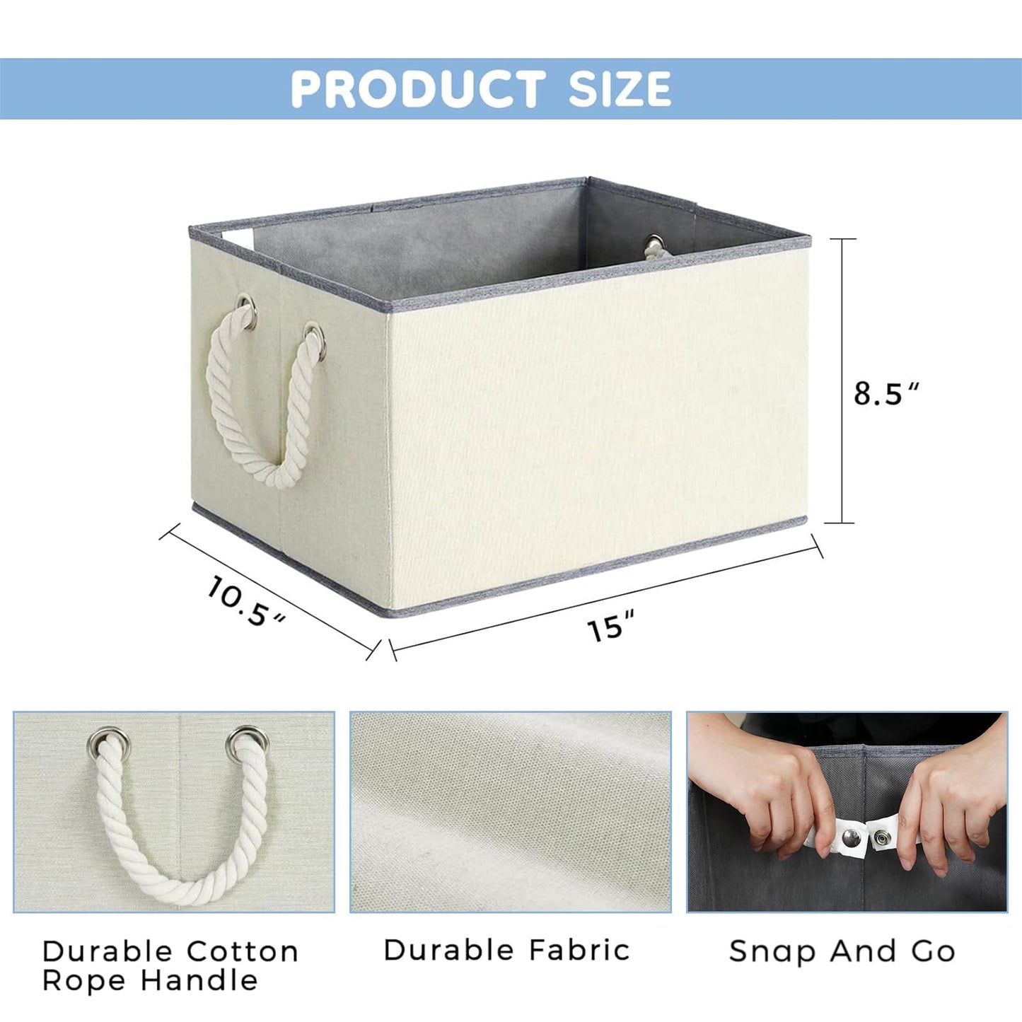 Large Fabric Storage Bins for Shelves with Handles 3 Pack | Storage Baskets for Organizing and Cloth Bins | Folding Rectangle Closet storage bins for Cloth and Magazine,Beige,15"W x 10.5"D x 8.5"H