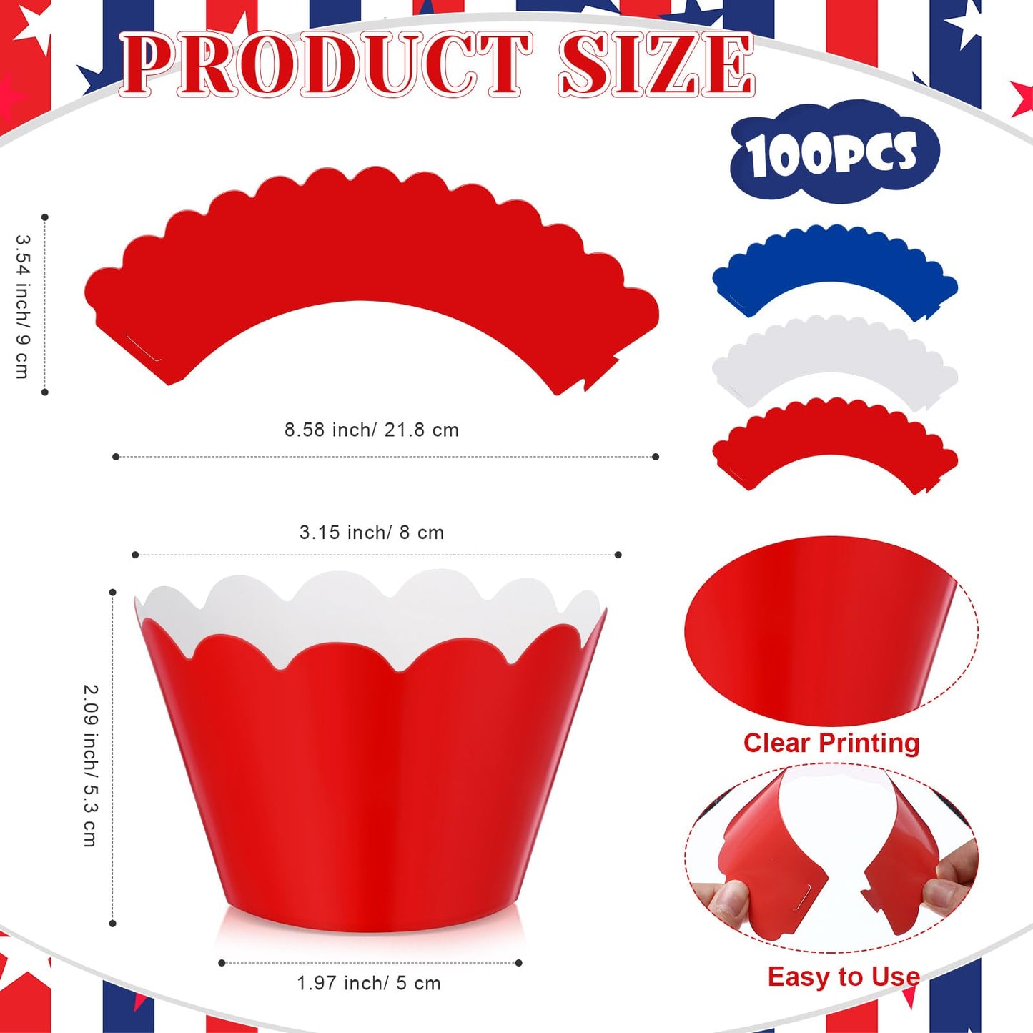 Domensi 100 Pcs Patriotic Cupcake Liners 4th of July Cupcake Wrappers Red White Blue Baking Cups 250th Anniversary Muffin Baking Liners for USA Veteran Memorial Labor Day Birthday Party Decor