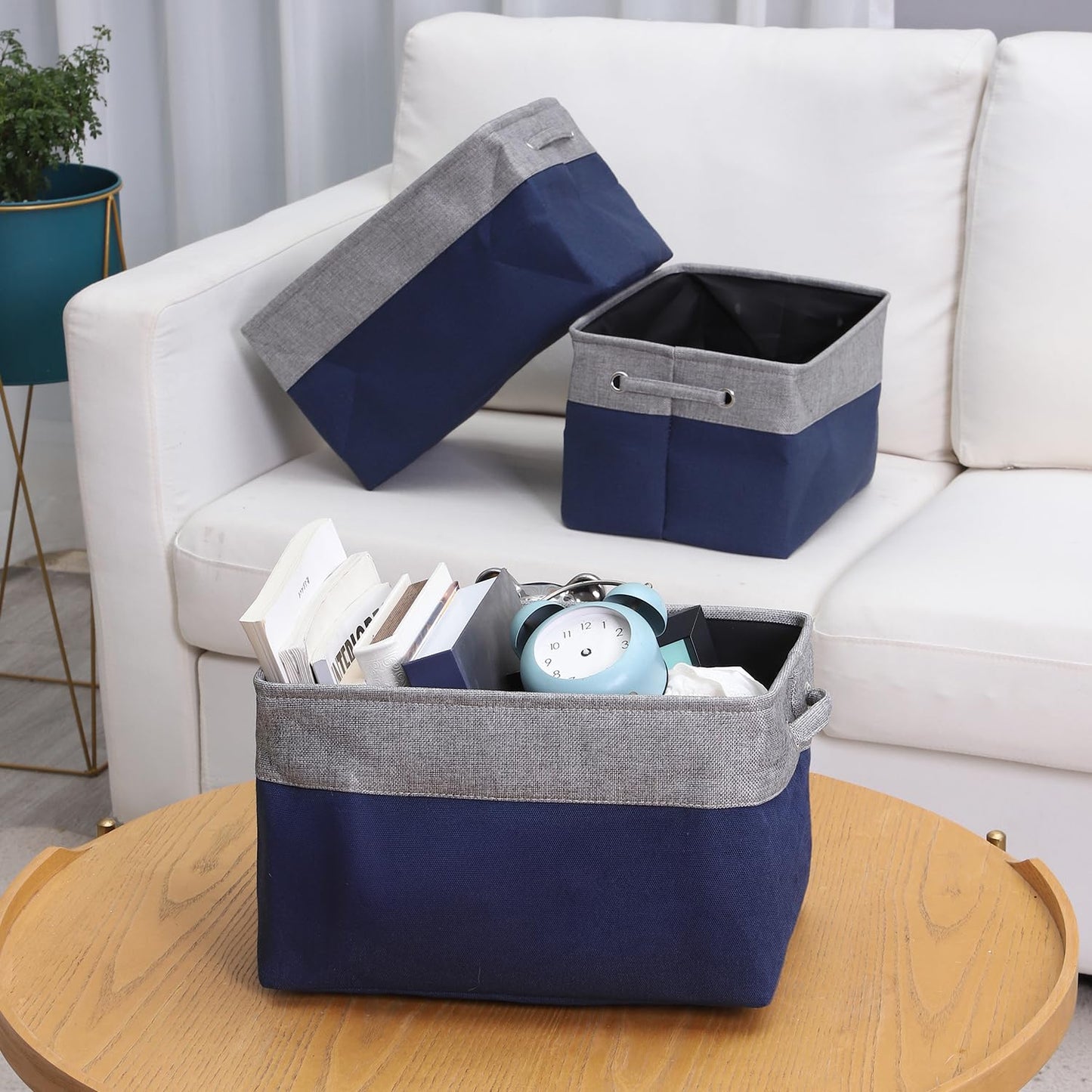 MAQIAO 3 Pack Collapsible Storage Bin Foldable Canvas Fabric Open Storage Basket Cube Box, Sturdy Organizer With Handles for Home, Office, Nursery, Closet Shelves（gray and navy