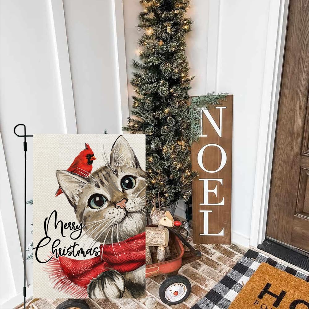Merry Christmas Cat Garden Flag 12x18 Inch Double Sided Small Burlap Holiday Cardinal Yard Decoration for Outside