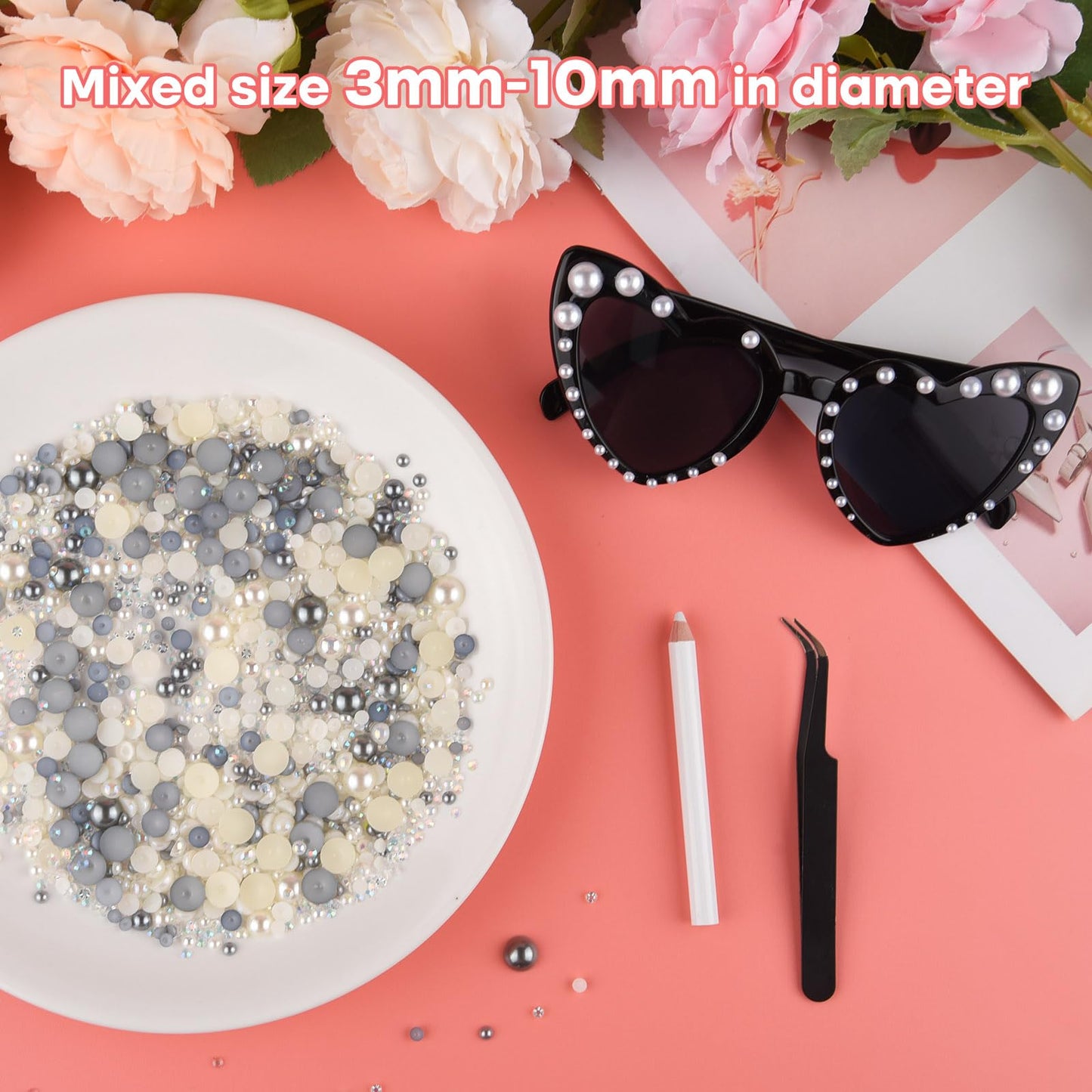ASTARON 50g Mix Flatback Rhinestones Half Pearls for Crafts Mixed Size 3mm-10mm Flat Back Rhinestones for Crafts Flatback Pearls for Decorating Tumblers Mugs Nail Art Shoes (Silver Gray，White)