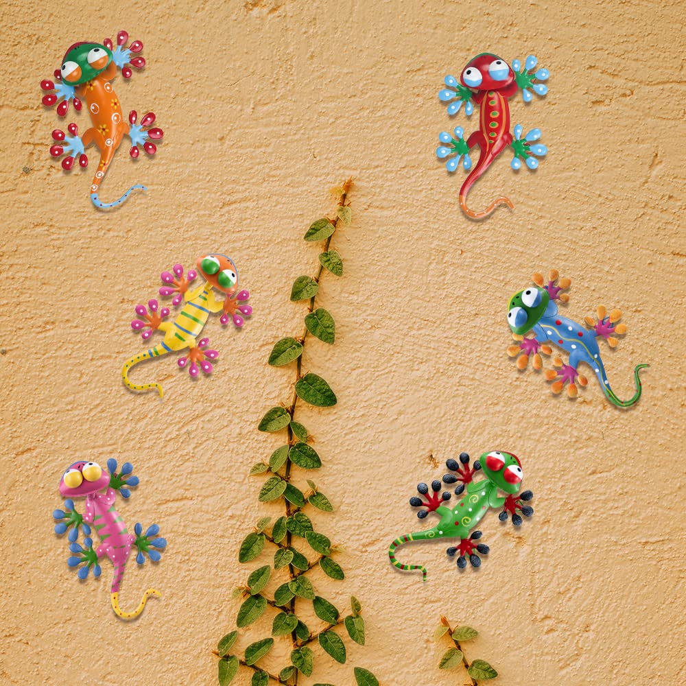 YEAHOME 6 Pack Metal Geckos Inspirational Wall Art, Mexican Outdoor Wall Decor with Shaking Head, Lizard Wall Sculptures & Statues for Farmhouse, Porch, Patio, Lawn, Fence