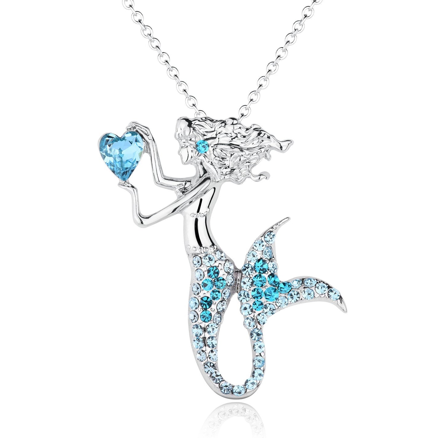 luomart Fashion Mermaid Birthstone Necklace Jewelry White Gold Plated Austrian Crystal Magic Pendant Gift (Aqua)