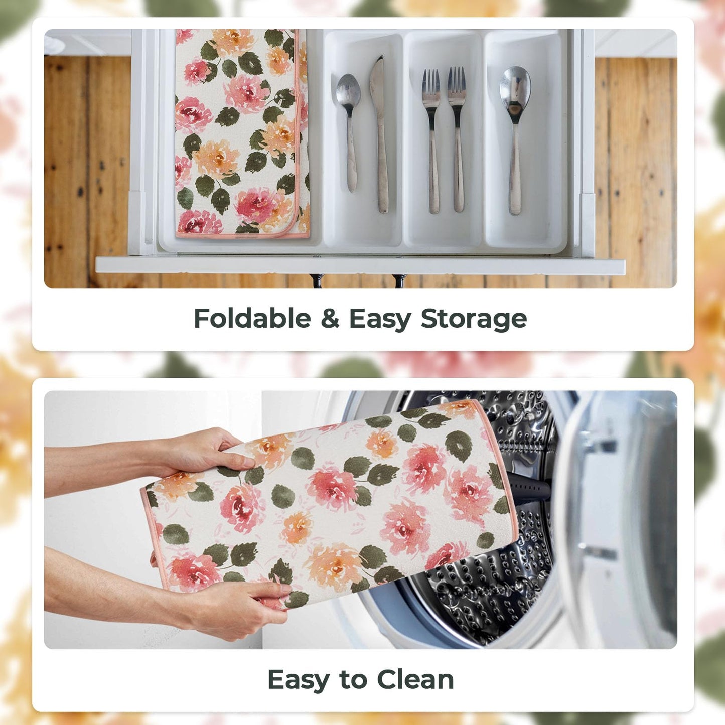 Printed Dish Drying Mats for Kitchen Counter 2 Pack Absorbent Reversible Drying Mats Microfiber Kitchen Countertop Protector Dishes Drying Pad Extra Large 18"x24" Dish Mat