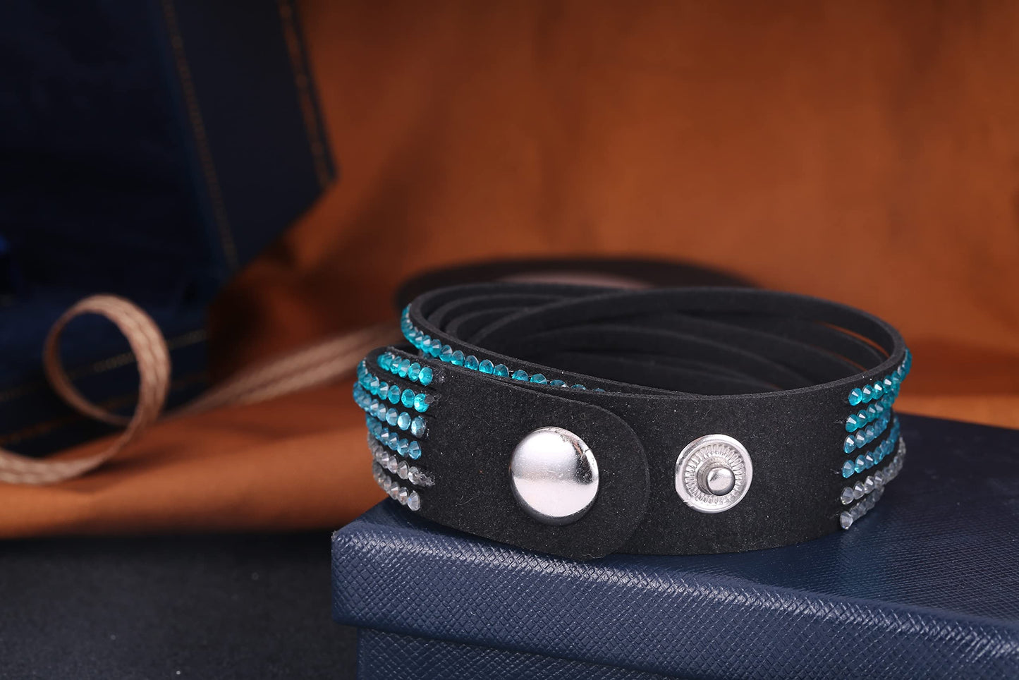 Barzel Leather Created Austrian Crystals Wrap Bracelets (Black with Blue & White Stones)