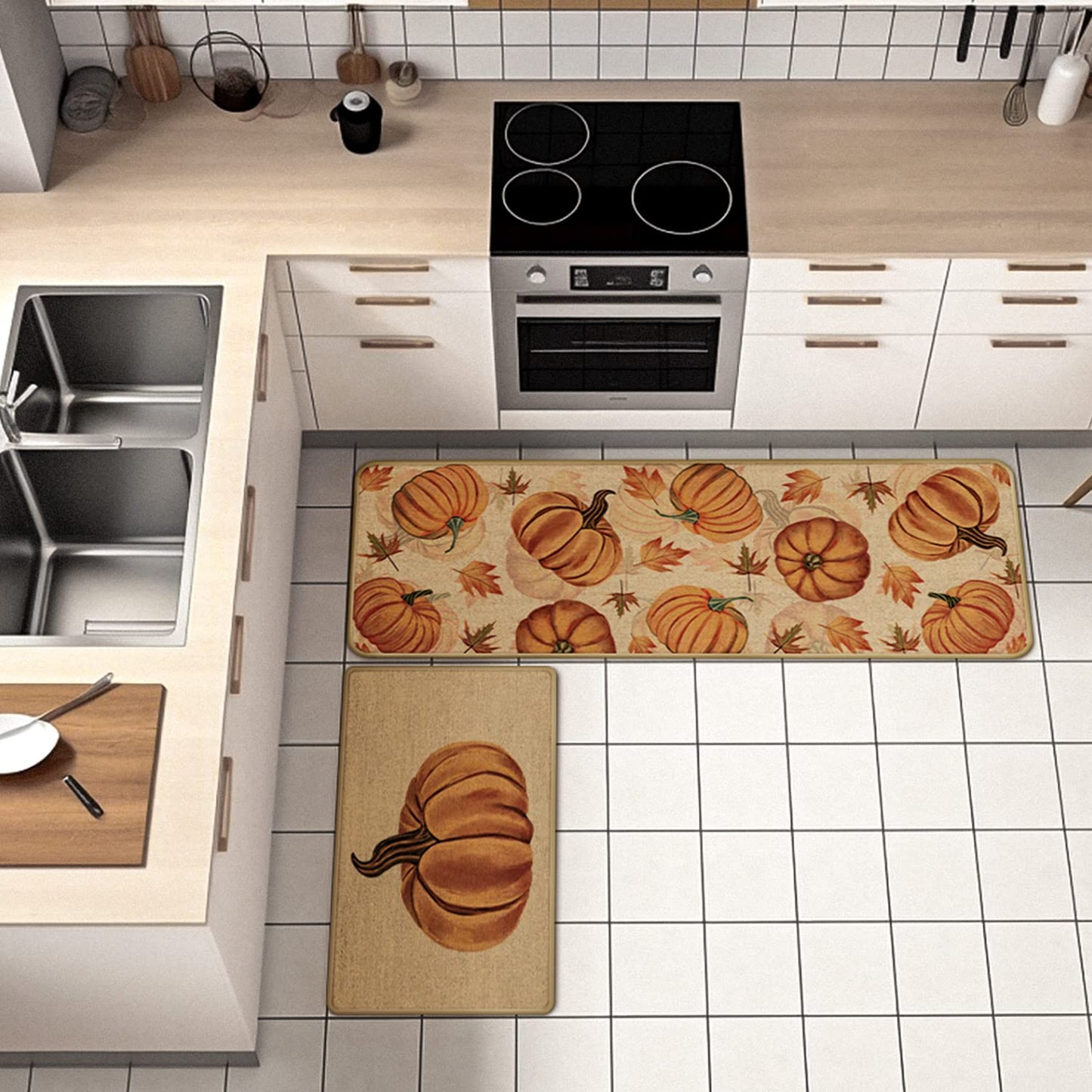 Fall Pumpkin Kitchen Mats Set of 2, Non-Slip Absorbent Rug and Door Mats, Seasonal Thanksgiving Autumn Home Decor Kitchen Floor Mat 17x29 and 17x47 Inch DM087