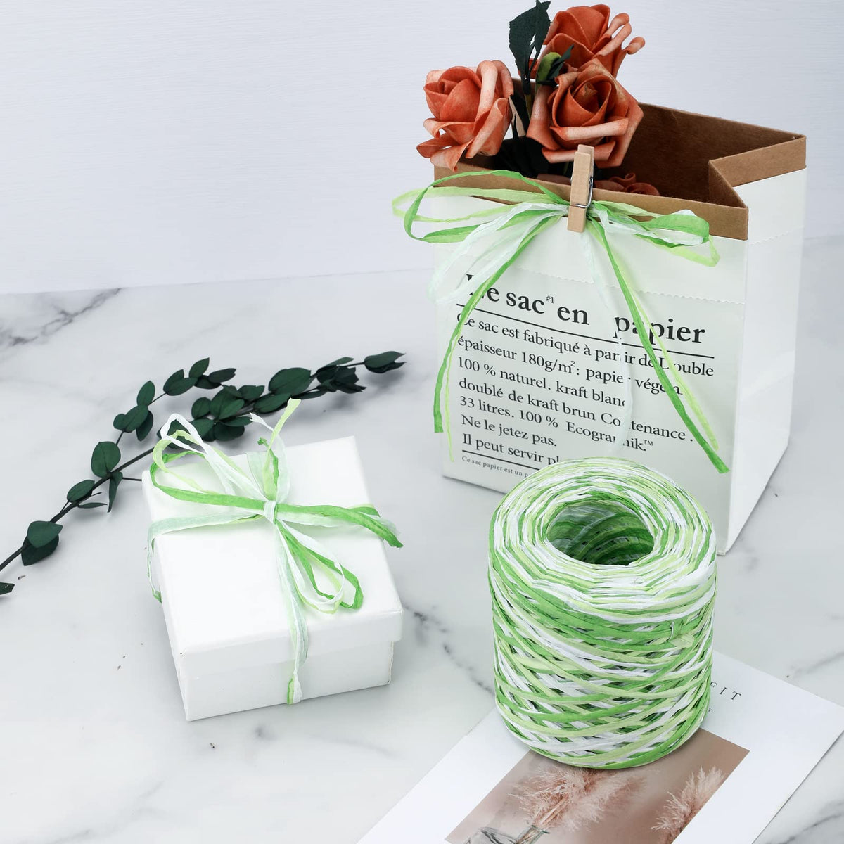 G2PLUS Colored 525 Feet Raffia Ribbon, Sage Green Packing Paper String