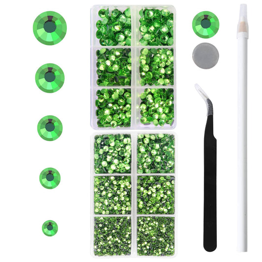 MEIBITE 6796PCS Light Green Hotfix Rhinestones Crystal Stones Glass for Fabric Clothes Shirts Sparkly Flat Back Round with Tweezers and Picking Pen (SS6~SS30 Set)