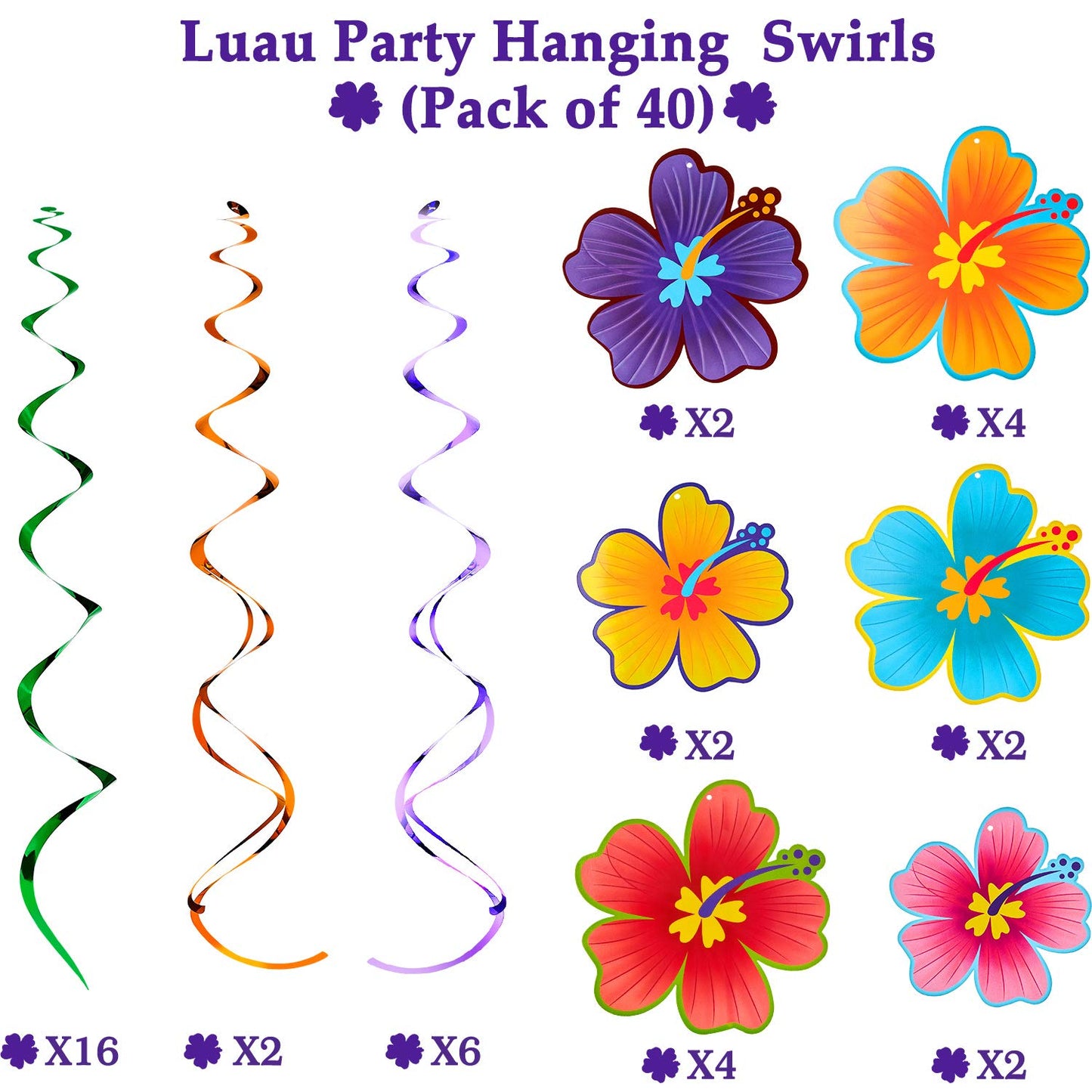 WILLBOND 40 Pieces Hawaiian Luau Birthday Party Hanging Swirl Decorations Flower Foil Swirl Decorations Ceiling Decorations for Summer Tropical Hawaiian Theme Party Decoration Supplies