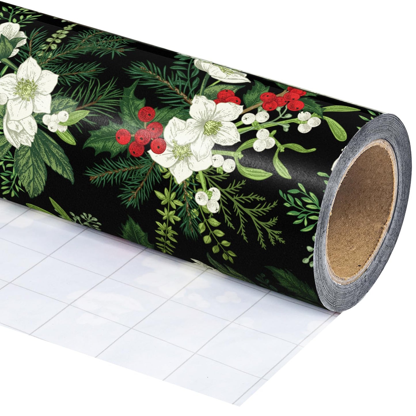 Christmas Wrapping Paper - Mini Roll - 17 Inch x 33 Feet - White Floral Wrapping Paper with Green Leaves and Red Berries for Xmas Holiday, Party Celebration