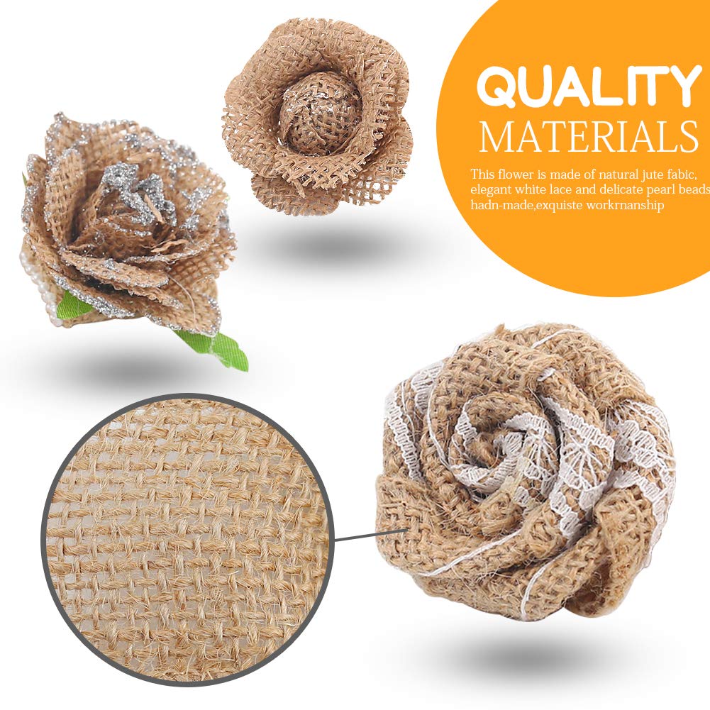 VGOODALL 32 PCS Natural Burlap Flowers Set, Burlap Bows and Scrapbook Embellishments for Wedding Party Decor Home, Embellishments for Crafts
