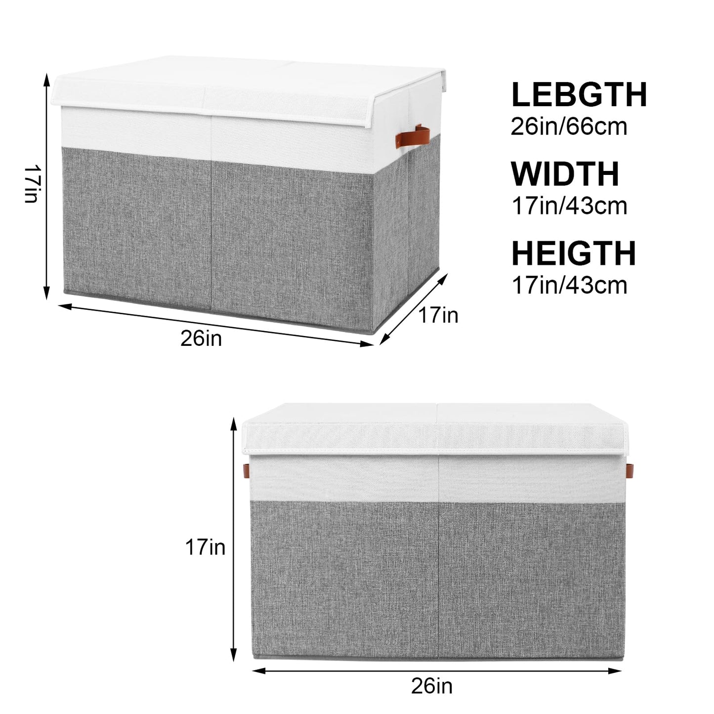 Gowee Large Toy Storage Box with Lid, Sturdy Toys Storage Chest Bin Organizer Basket with Dividers for Kids, Boys, Girls, Nursery, Closet, Bedroom, Playroom 26"x17" x17" (Grey and White)