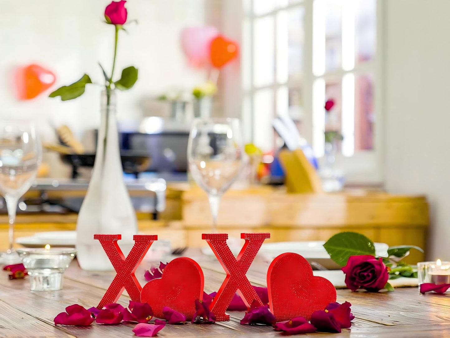 Wood Valentine's Day Table Decorations Freestanding Block Red Cutout Letters with Rhinestone Decor for Valentine's Day Anniversary Wedding Party Favor(Sweet Style)