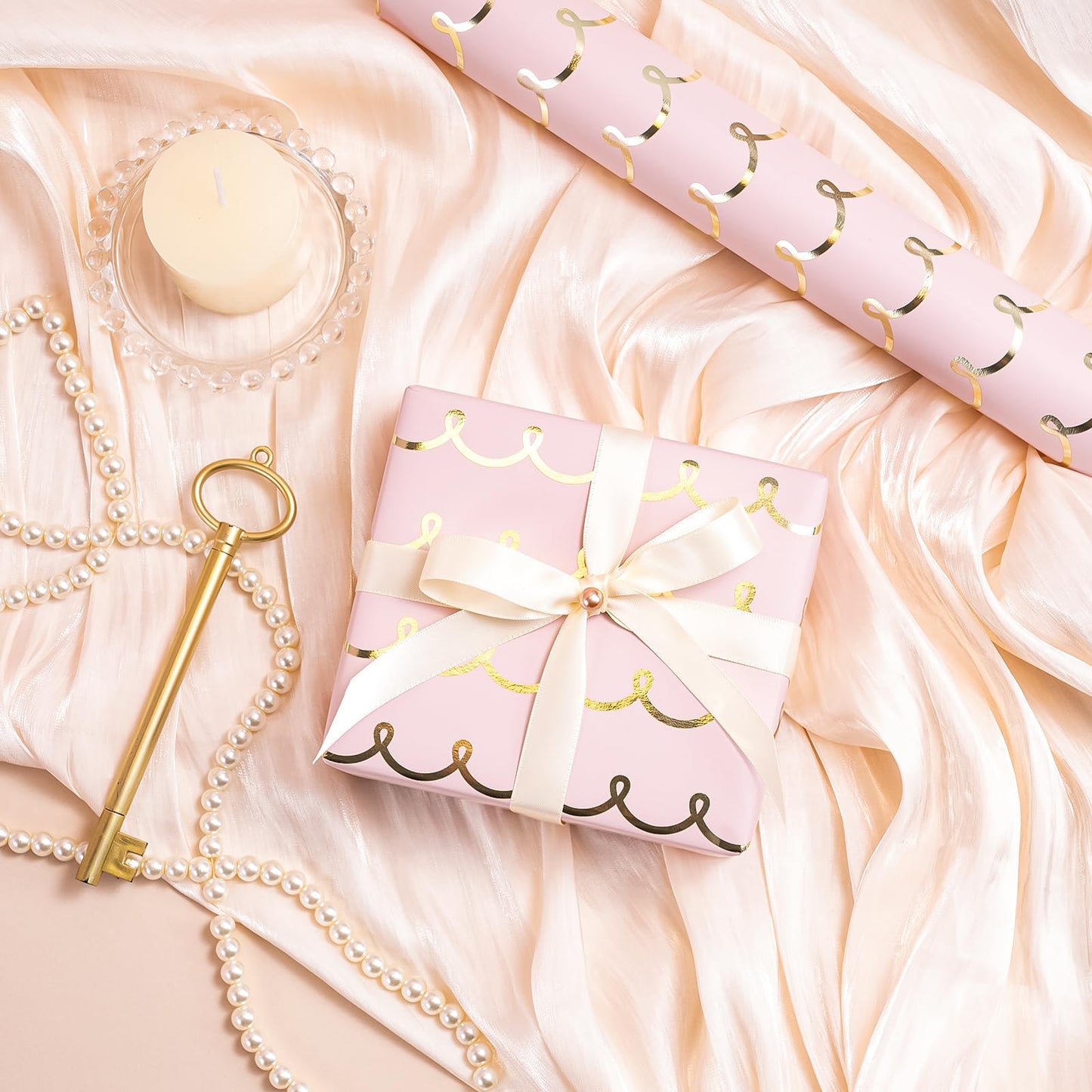Pink Wrapping Paper Roll - Mini Roll - 17 Inch x 33 Feet - Metallic Foil Chic Classic Pink and Gold Wedding Wrapping Paper for Birthday, Wedding, Baby Shower, Valentine's Day