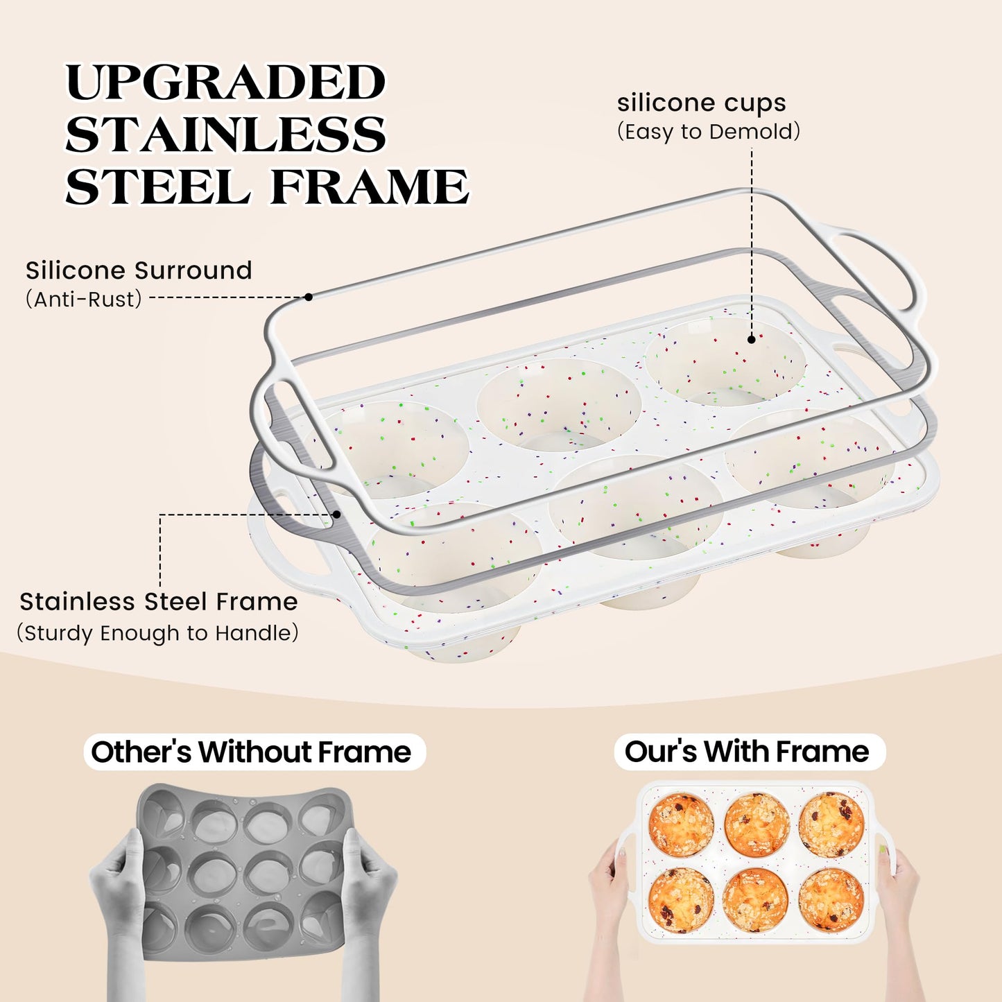 AOTASO silicone muffin pan for baking with metal frame (Cream, Jumbo：6-Cup x 2 Pcs)