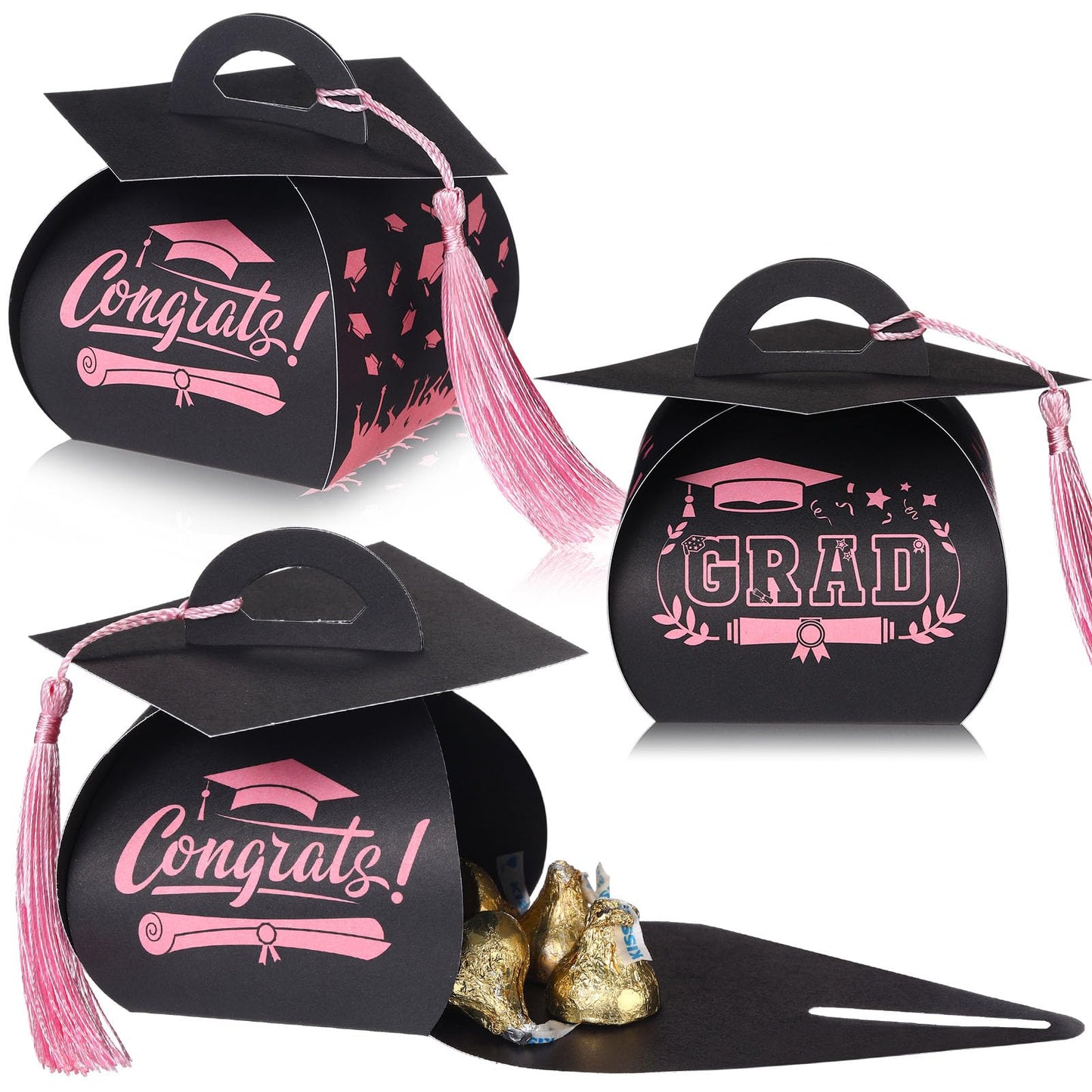 TaoBary 30 Pcs Graduation Cap Gift Boxes Graduation Decorations Class of 2026 Candy Box with Tassel for 2026 Grad Party Favors Supplies(Black, Pink)
