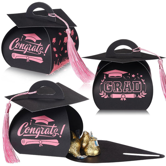 TaoBary 30 Pcs Graduation Cap Gift Boxes Graduation Decorations Class of 2026 Candy Box with Tassel for 2026 Grad Party Favors Supplies(Black, Pink)