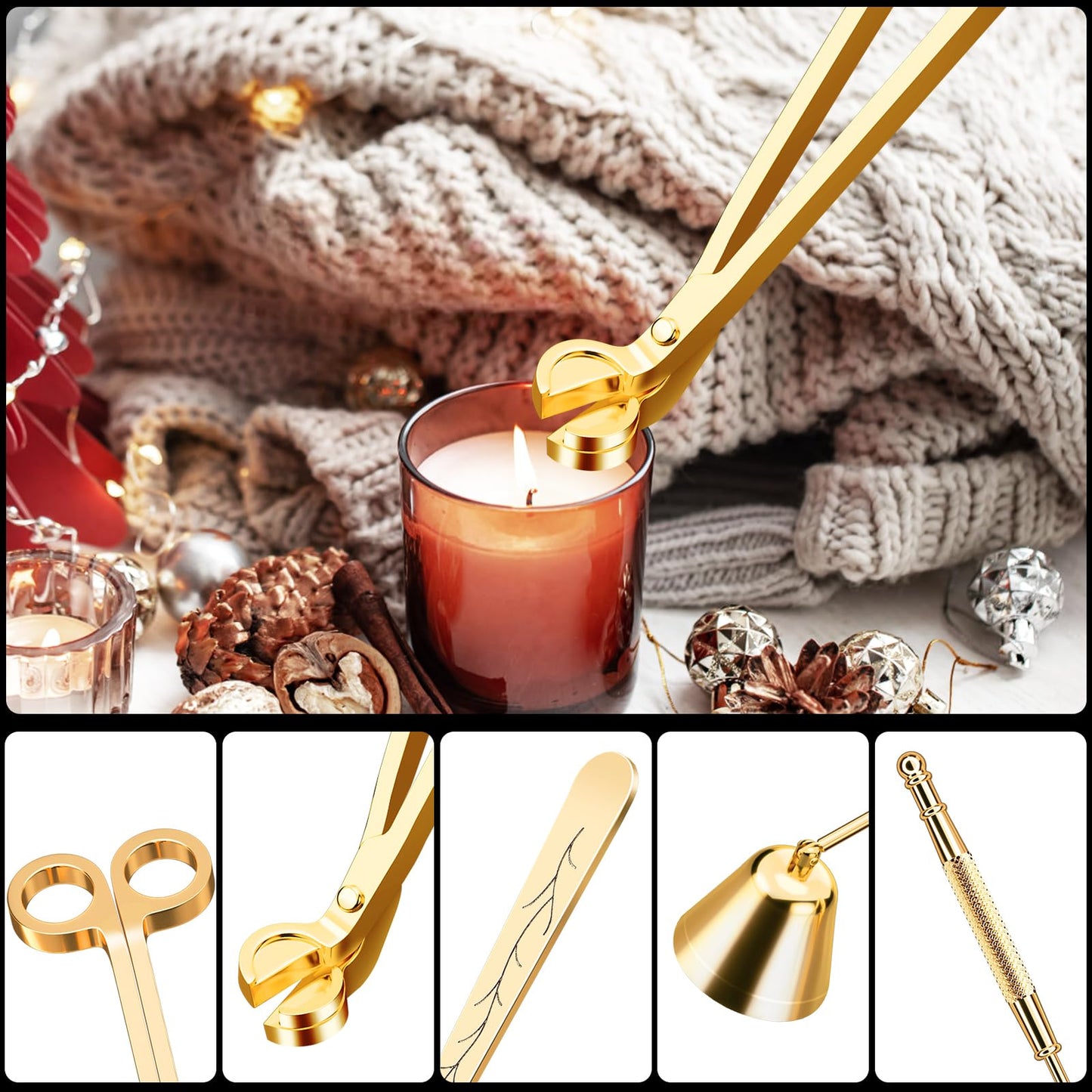 calary Candle Wick Trimmer, Candle Snuffer and Wick Dipper & Candle Accessory Set, 3 in 1 Candle Care Kit for Candle Lover (Gold)