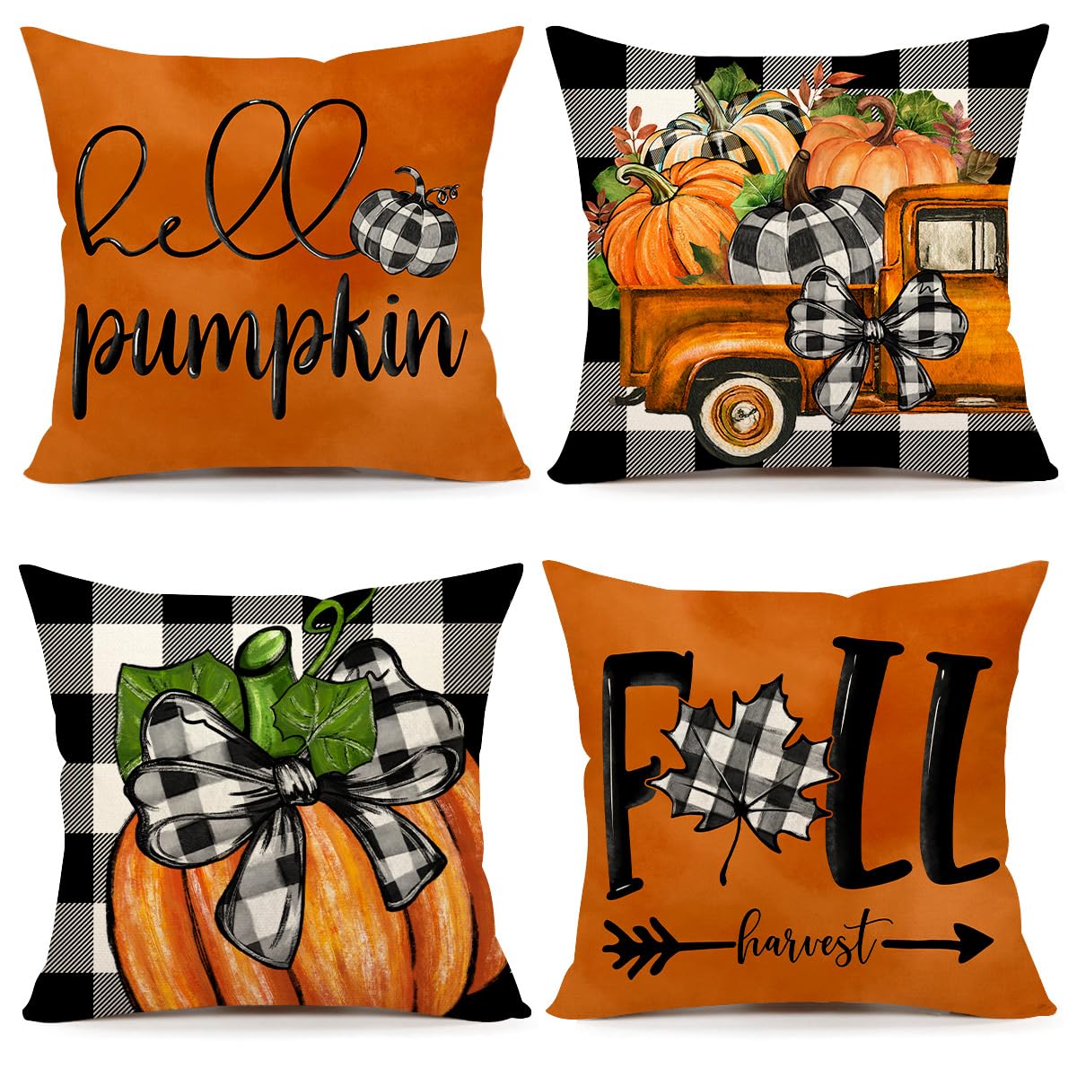 4TH Emotion Fall Pillow Covers 18x18 Set of 4 Thanksgiving Buffalo Check Farmhouse Decorations Orange Pumpkin Outdoor Autumn Farm Truck Pillows Decorative Throw Cushion Case for Home Decor S23F22
