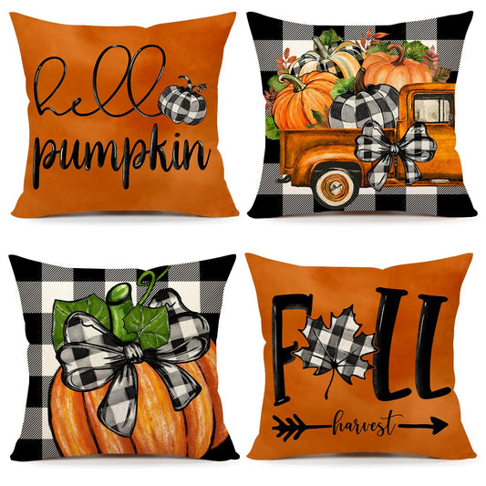 4TH Emotion Fall Pillow Covers 18x18 Set of 4 Thanksgiving Buffalo Check Farmhouse Decorations Orange Pumpkin Outdoor Autumn Farm Truck Pillows Decorative Throw Cushion Case for Home Decor S23F22